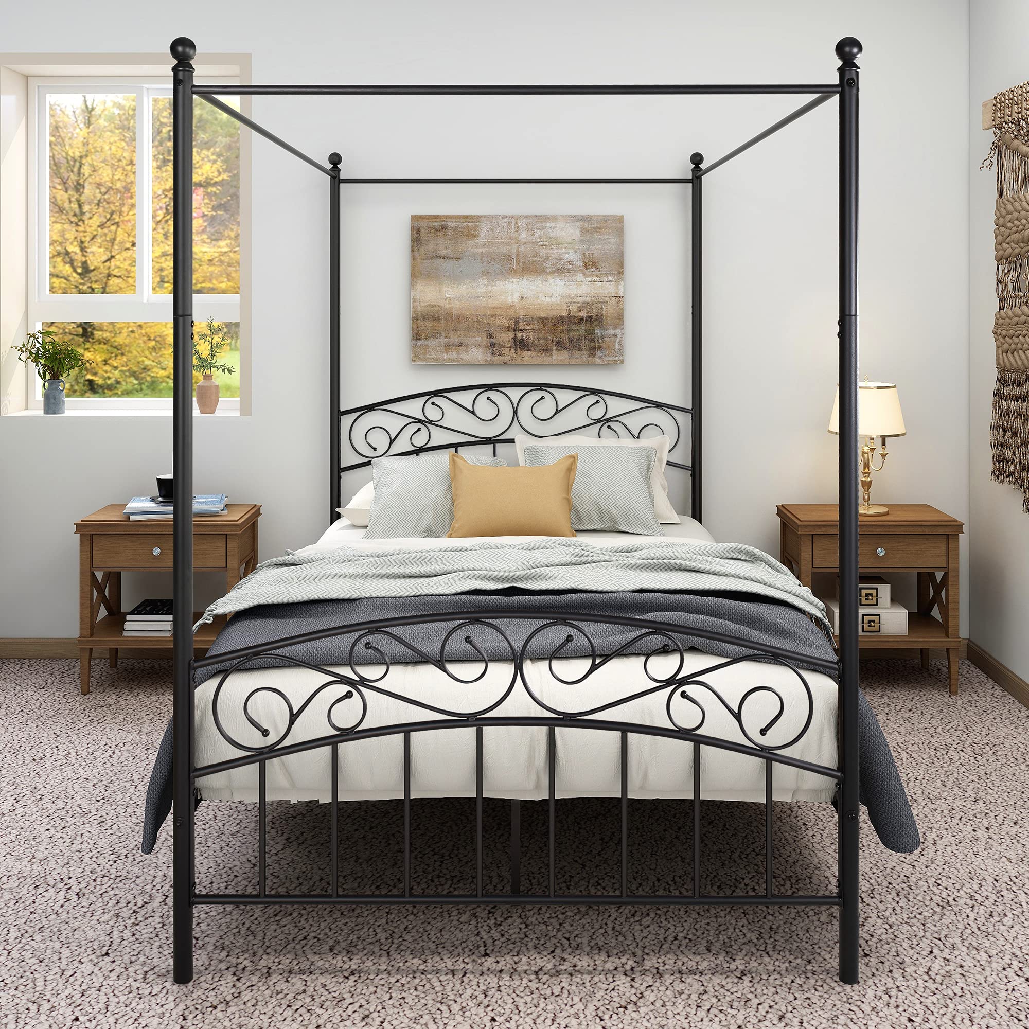 European Style Metal Canopy Bed Frame with Ornate Headboard & Footboard - Full Size Black Bed with Sturdy Metal Slats (No Box Spring Needed) | Easy DIY Assembly for Master Bedroom, Guest Room or Dorm Decor
