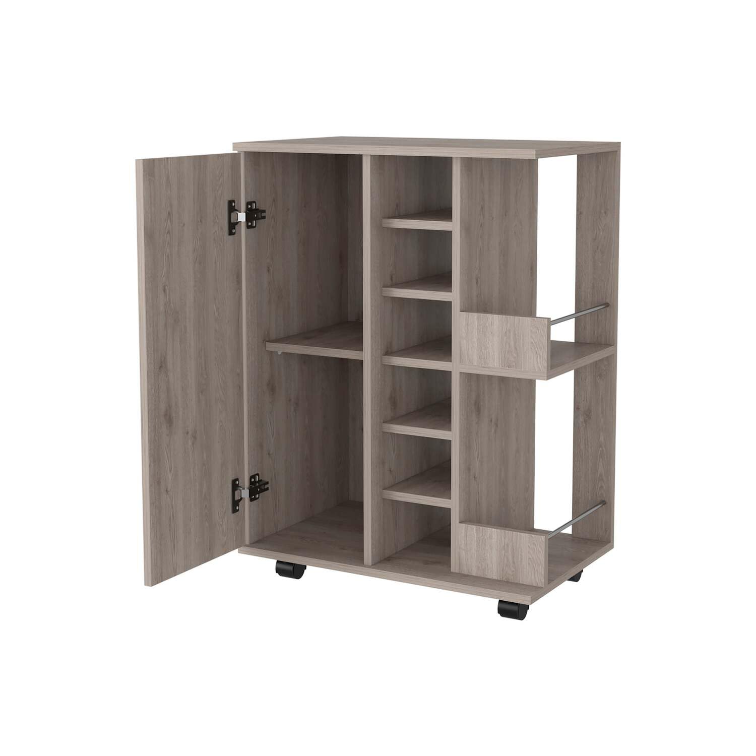 **29-Inch Tall Light Gray Bar Cart with Cabinet, 6 Cubbies & 2 Shelves - Perfect for Home Bar, Kitchen Storage & Living Room Organization**