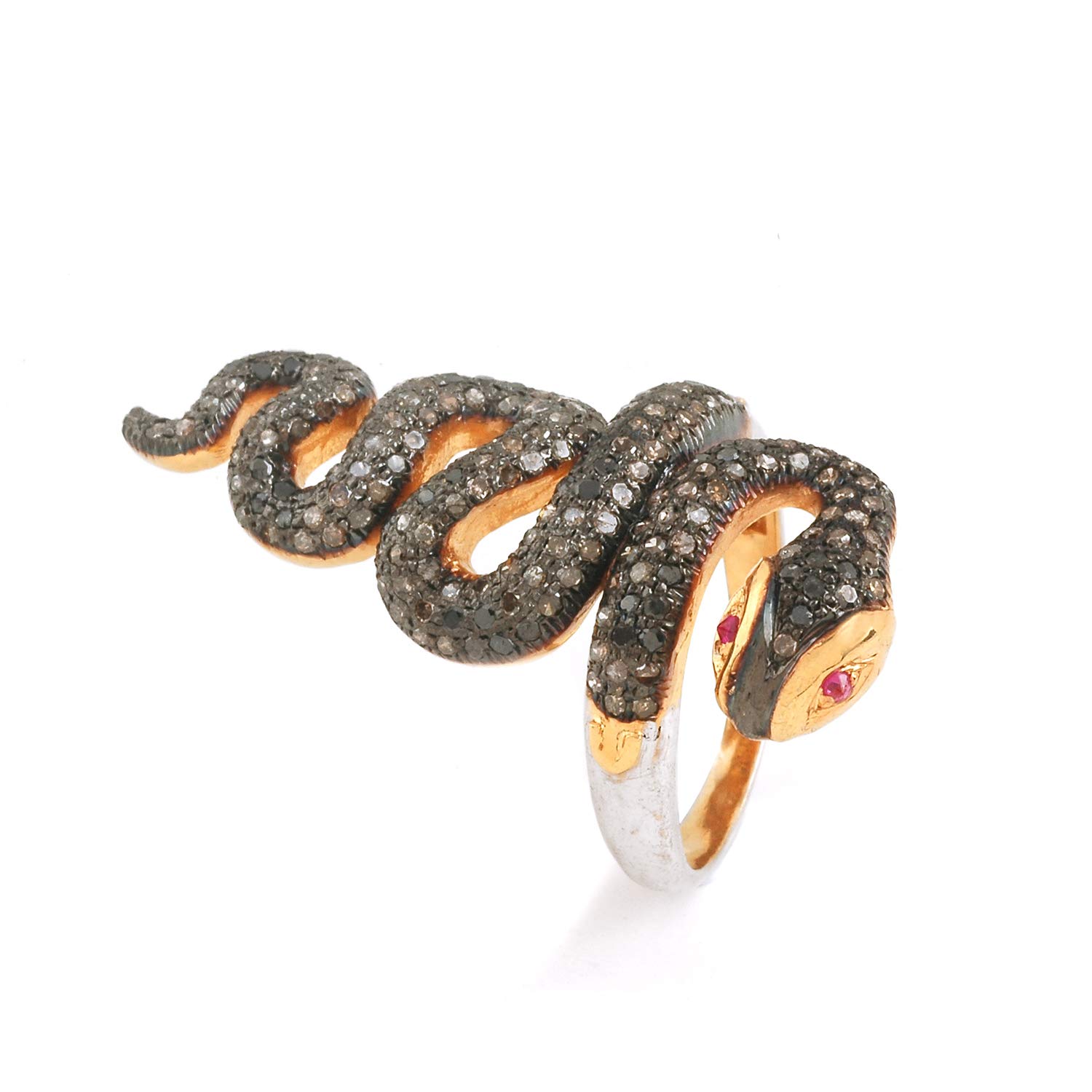 Handmade Black Brown Snake Ring with 1 Carat Natural Brown Diamond & Deep Ruby - I2-I3 Clarity Women's Jewelry for Weddings, Anniversaries & Special Occasions