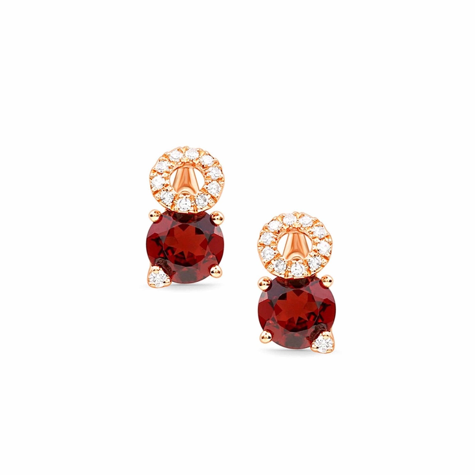 14k Rose Gold Stacked Diamond and Garnet Stud Earrings - Elegant Solitaire Jewelry for Women, Perfect for Weddings, Anniversaries & Special Occasions