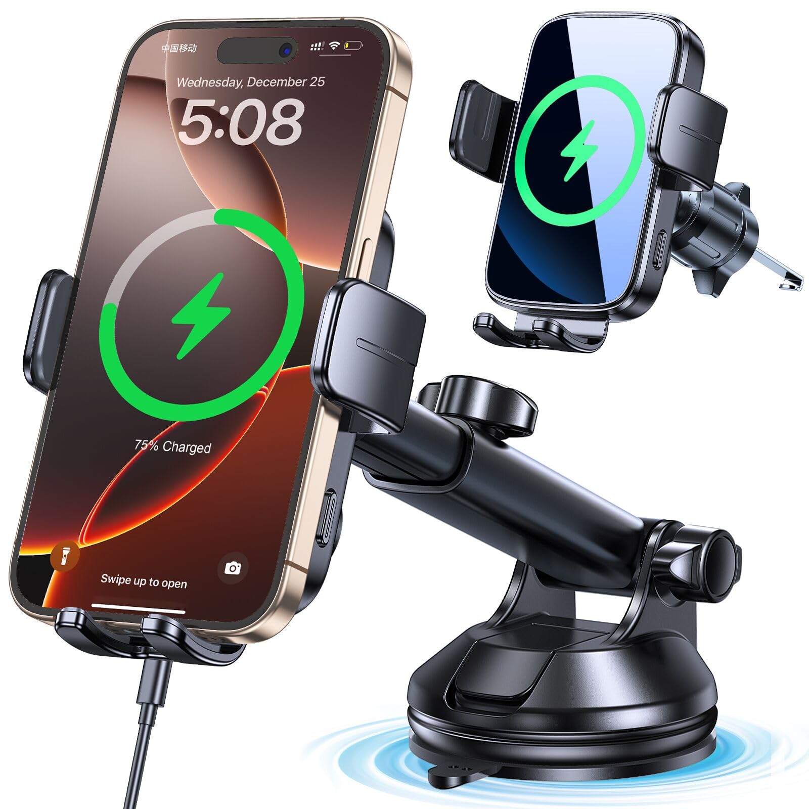 Wireless Car Charger Mount - Fast Charging Auto Clamping Phone Holder for iPhone 16/15/14, Galaxy S24/S23/S22 - Compatible with Dashboard, Vent & Windshield - Perfect for Road Trips & Daily Commutes
