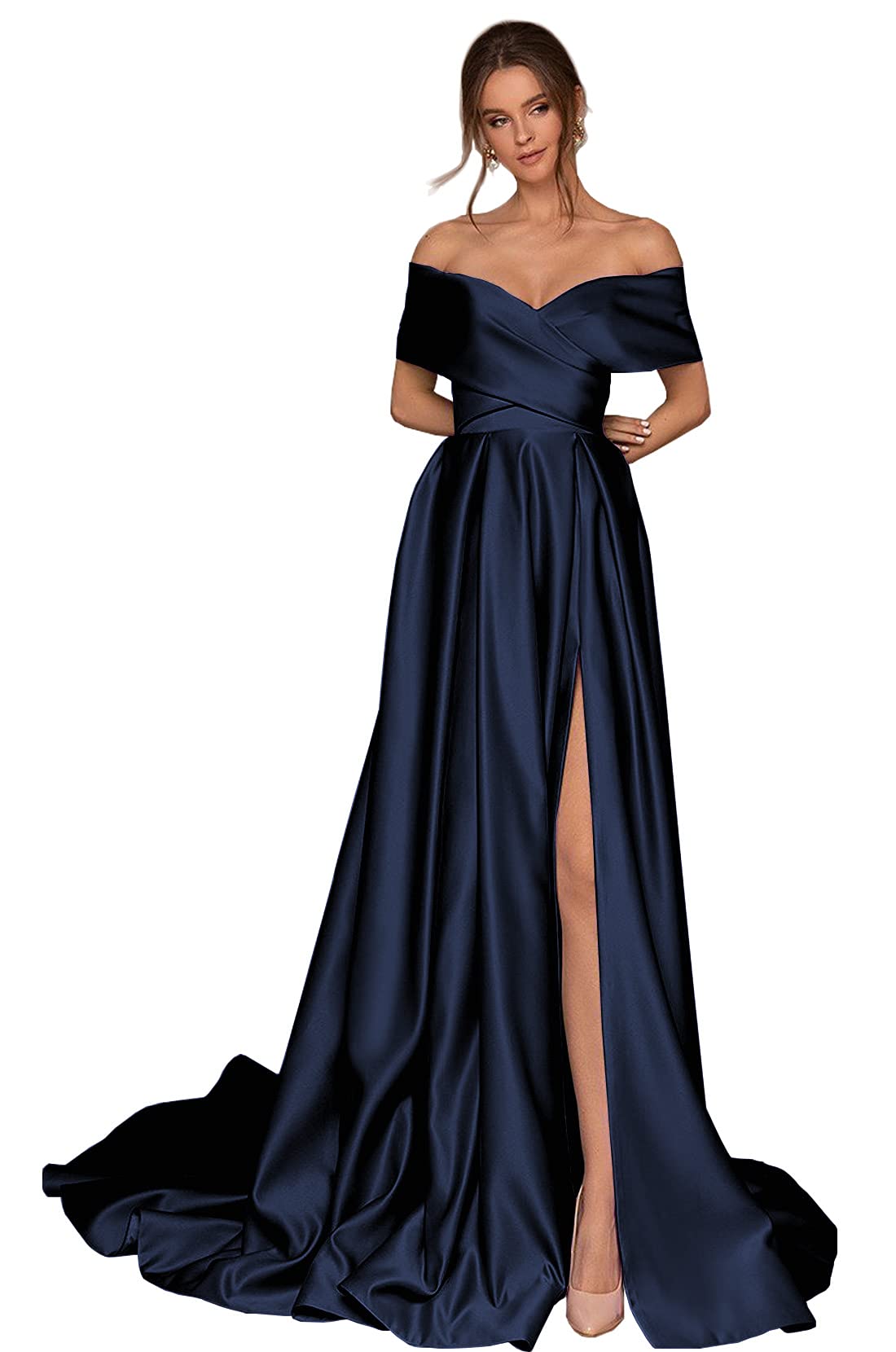 BONOYUER Women's Off Shoulder Satin Prom Dress Long High Slit A-Line Formal Evening Gown with Pockets for Homecoming, Wedding Guest & Cocktail Party