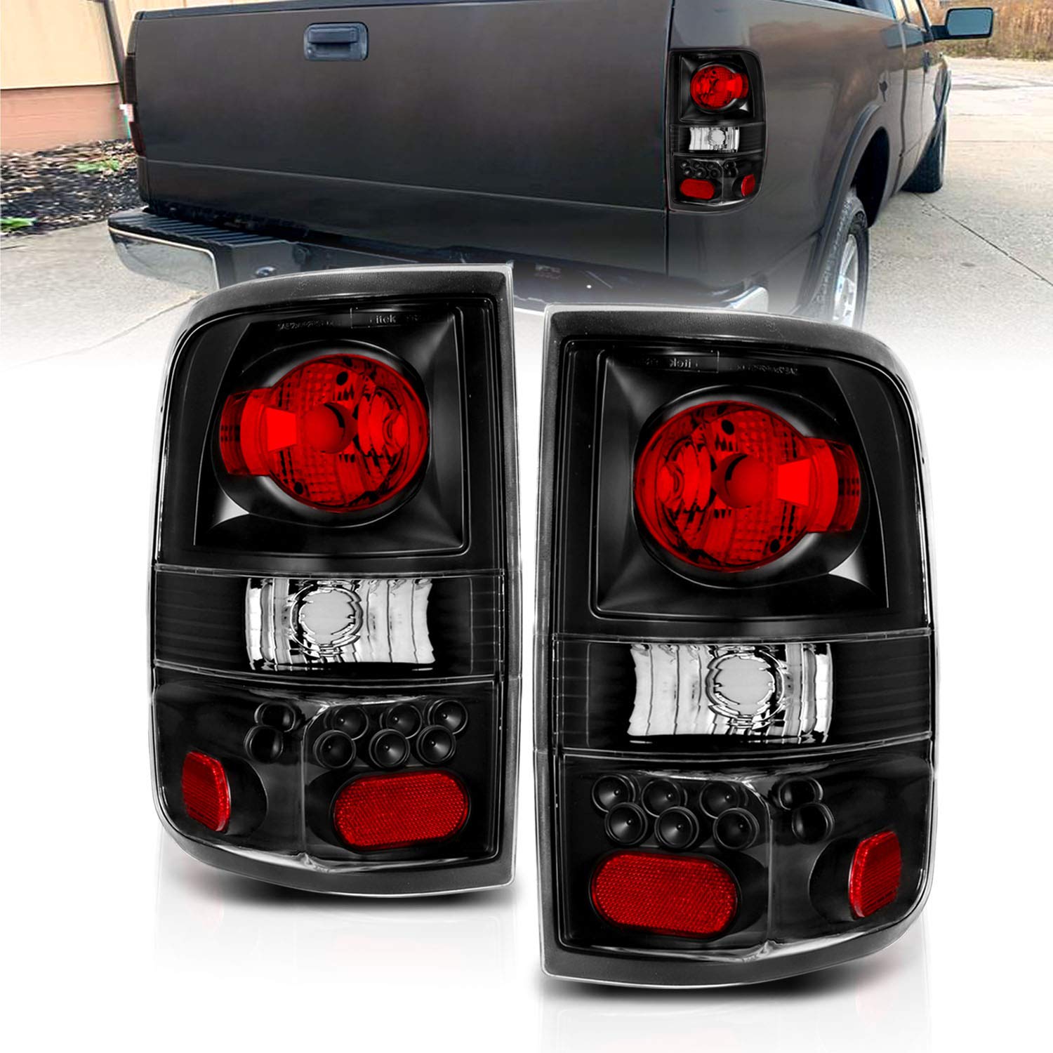 AmeriLite Euro Black Replacement Tail Lights Assembly Pair for 2004-2008 Ford F-150 Truck - Left & Right Side - Enhances Night Visibility & Vehicle Style