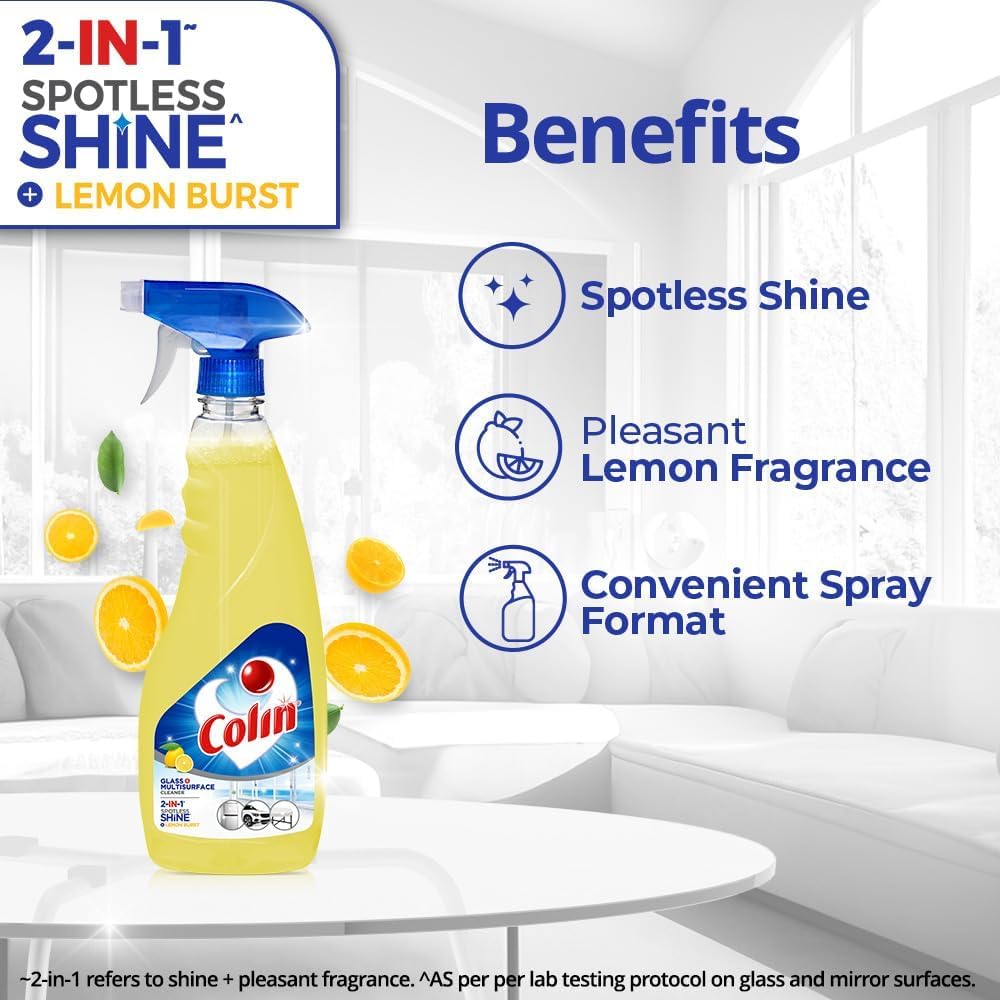 Colin Lemon Burst 500ml Glass & Surface Cleaner Spray | India's #1 Glass Cleaning Solution | Multi-Surface Cleaner for Cars, Kitchens & Homes | Refreshing Lemon Scent | Perfect for Windows, Mirrors, Countertops & Stainless Steel