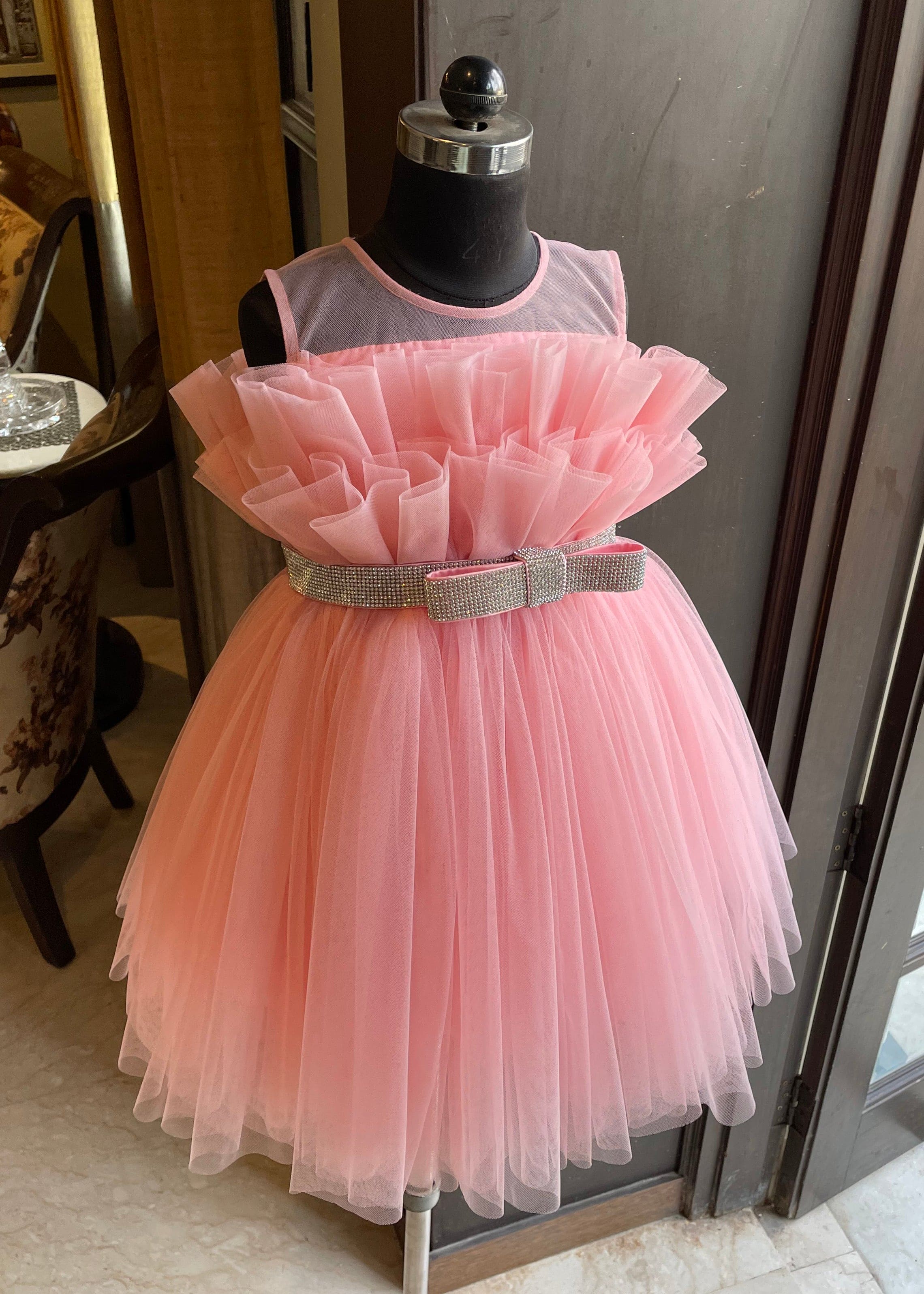 Pre Order: Baby Pink Swarovski Crystal Bloom Dress for Girls - Perfect for Weddings, Parties & Special Occasions