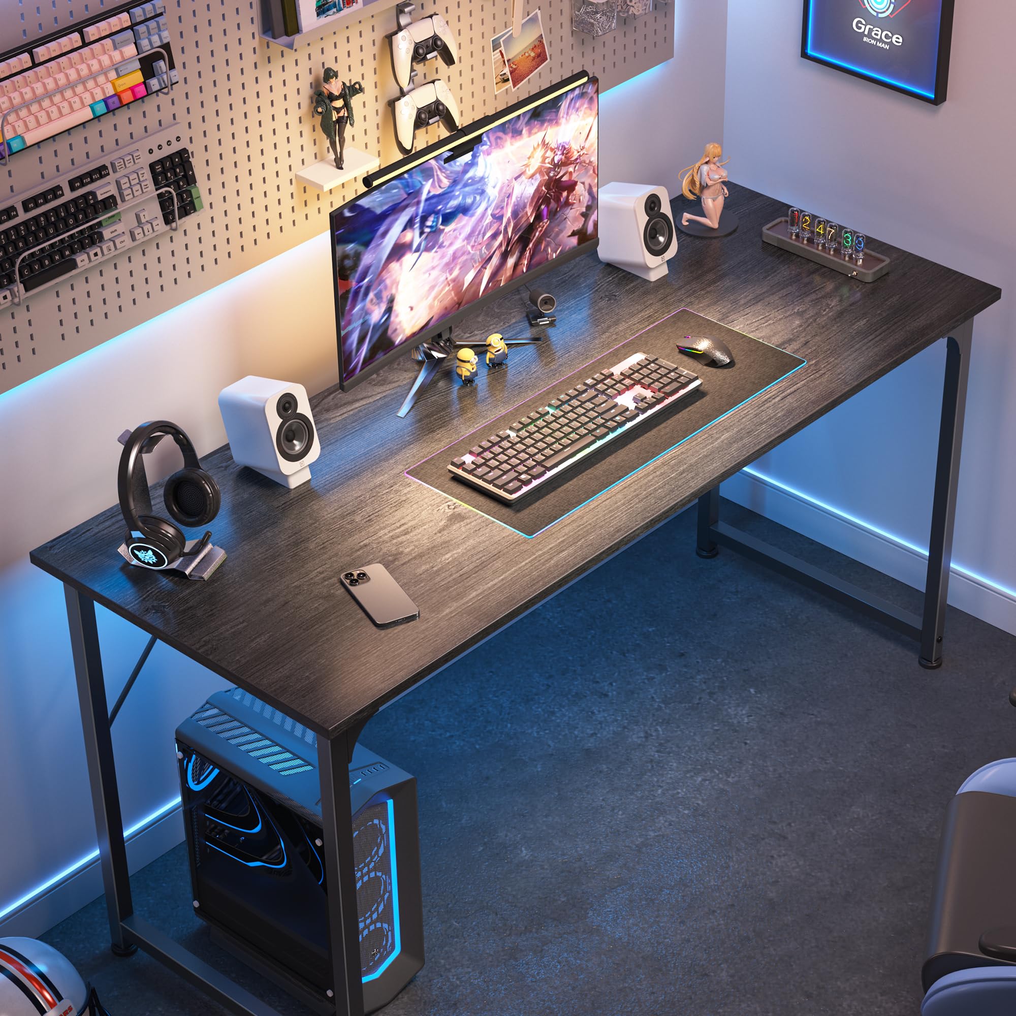 Huuger 55 Inch Modern Simple Office Desk - Sturdy Metal Frame Gaming & Work Desk with Storage, Large Legroom Space, Grey - Perfect for Home Office, Gaming Setup & Small Workspaces
