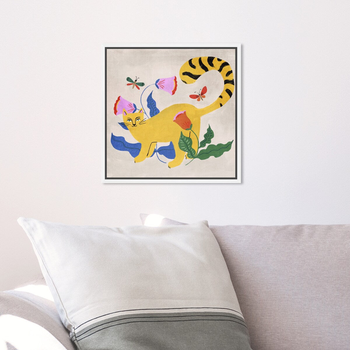 Blonde Tabby Floral Kitten Butterfly Garden Modern Yellow Framed Canvas Wall Art Print - Home Decor for Bedroom, Living Room & Nursery