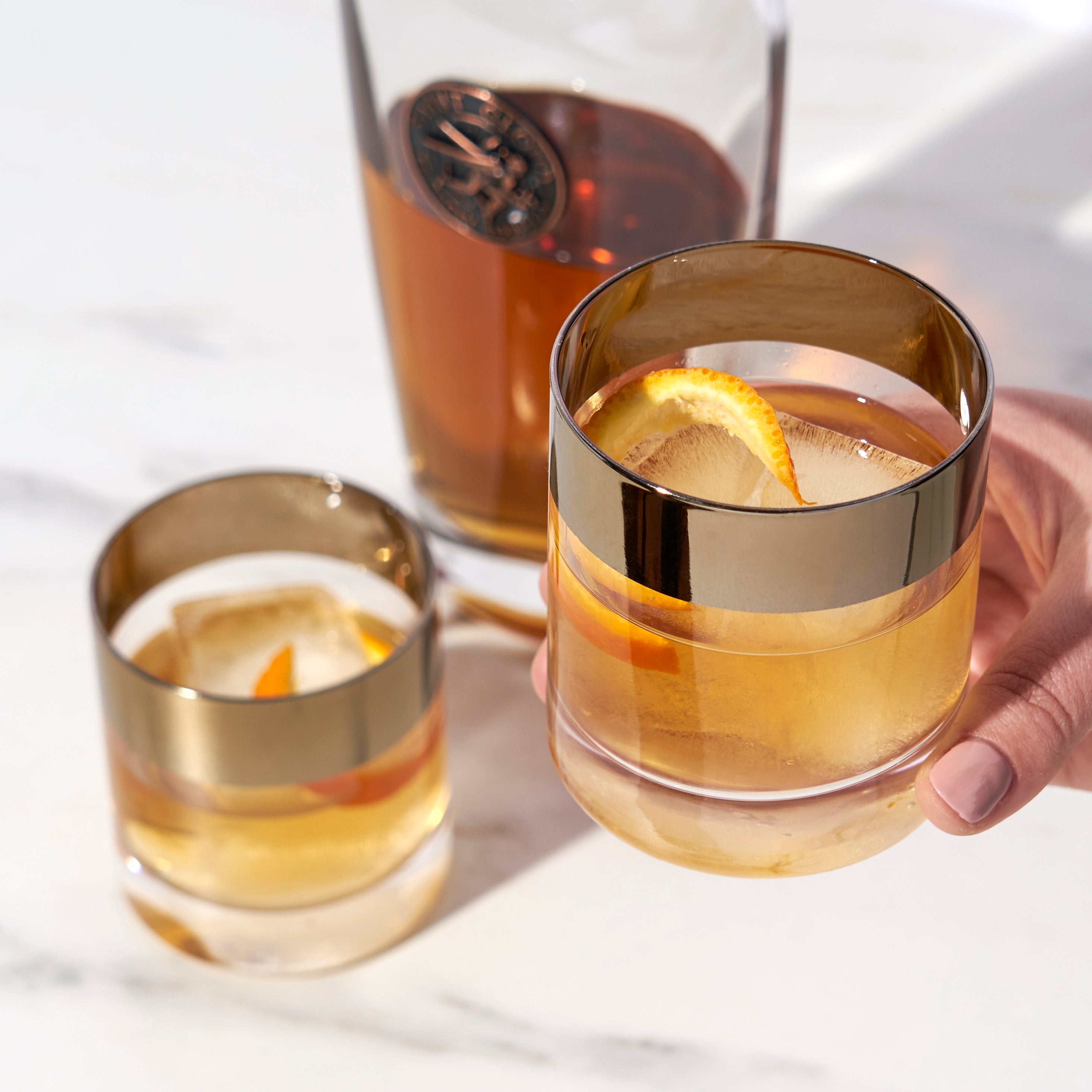 Premium Irving Bronze Rimmed Crystal Tumblers Set of 2 - Elegant Drinking Glasses for Cocktails, Whiskey & Home Bar Decor