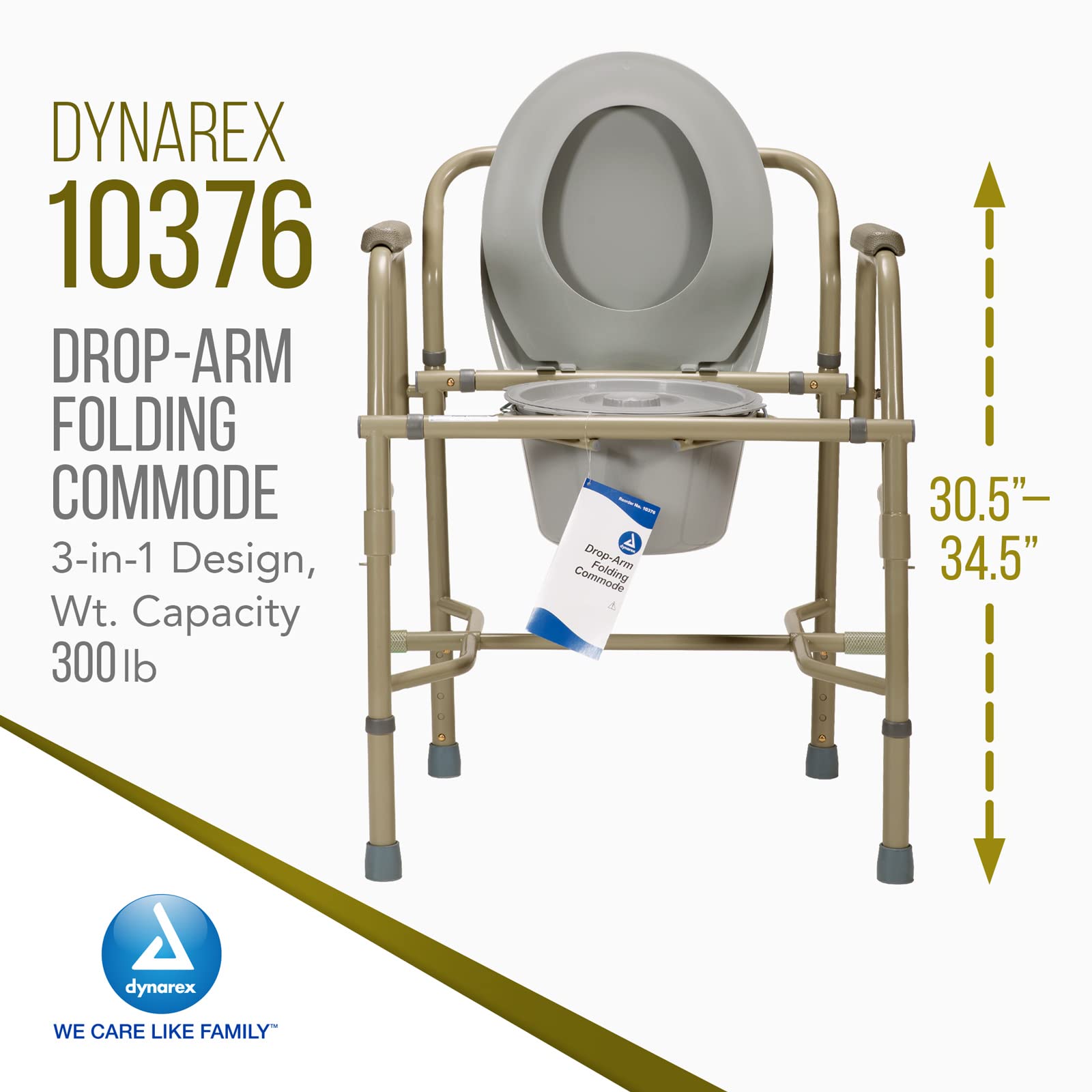 Dynarex Drop-Arm Folding Commode - 3-in-1 Portable Toilet with Safety Drop Arms, Free Standing, Grey | Ideal for Elderly Care, Home Healthcare & Travel Use