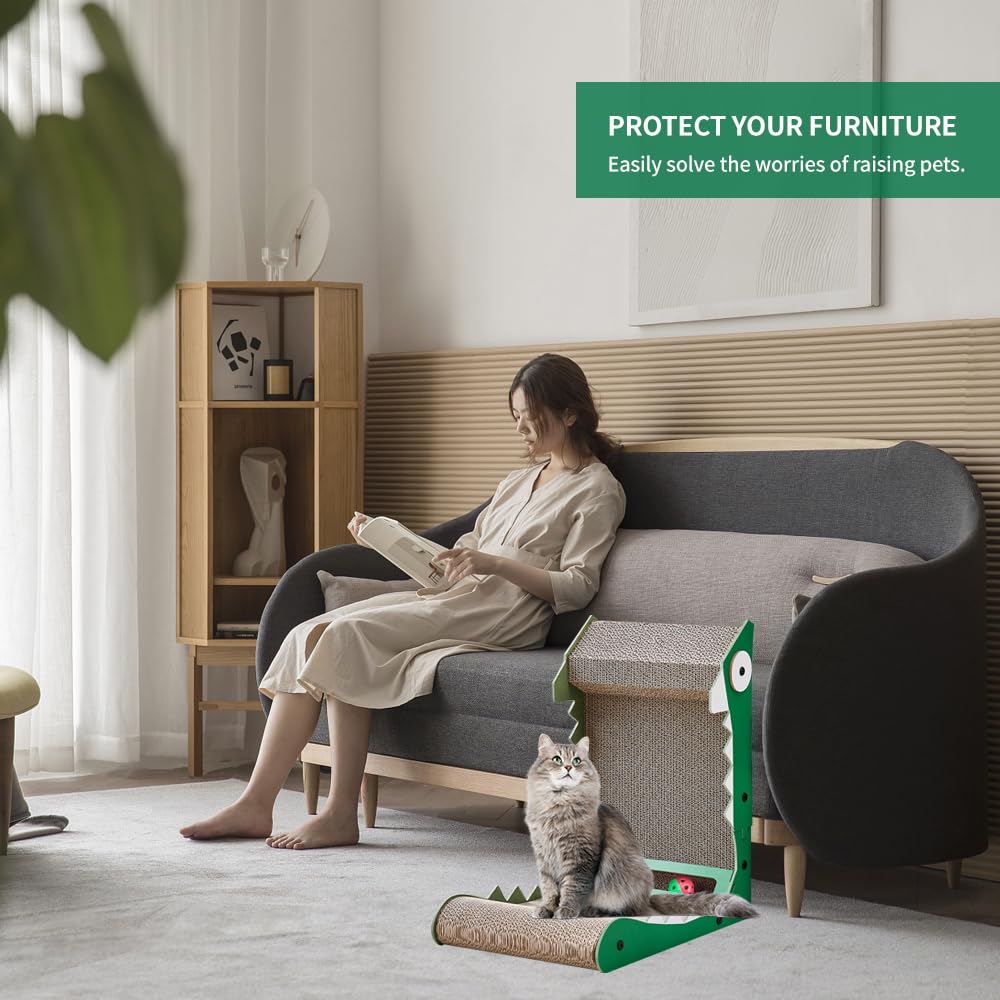 Premium L-Shaped Cat Scratcher Wall Mount - 19.7 Inch Cardboard Scratching Pad with Ball Toy & Crocodile Design - Protects Furniture from Cat Scratching - Perfect for Indoor Cats, Apartments & Home Decor