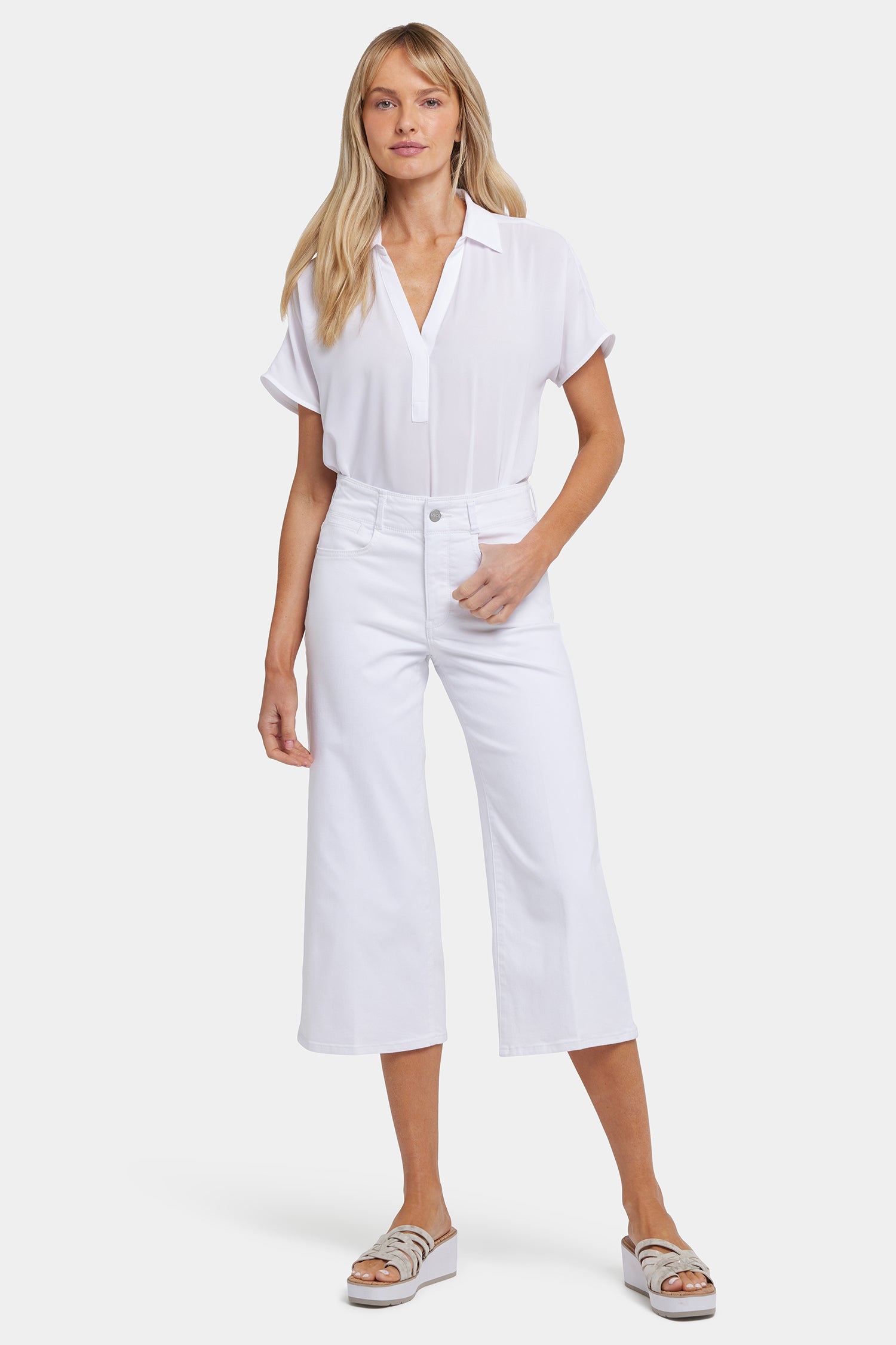 Brigitte Women's Wide Leg Capri Jeans - High Waisted Stretch Denim Pants in Optic White | Casual Summer Outfit, Beach Wear & Boho Style Fashion