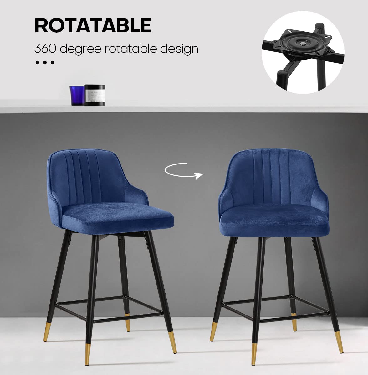 Swivel Bar Stool Set of 2 - 25.6 Inch Counter Height Stools with Low Back & Velvet Upholstery - Heavy Duty Metal Frame Bar Chairs for Kitchen Island, Dining Room, Patio - Royal Blue - Perfect for Entertaining & Casual Dining