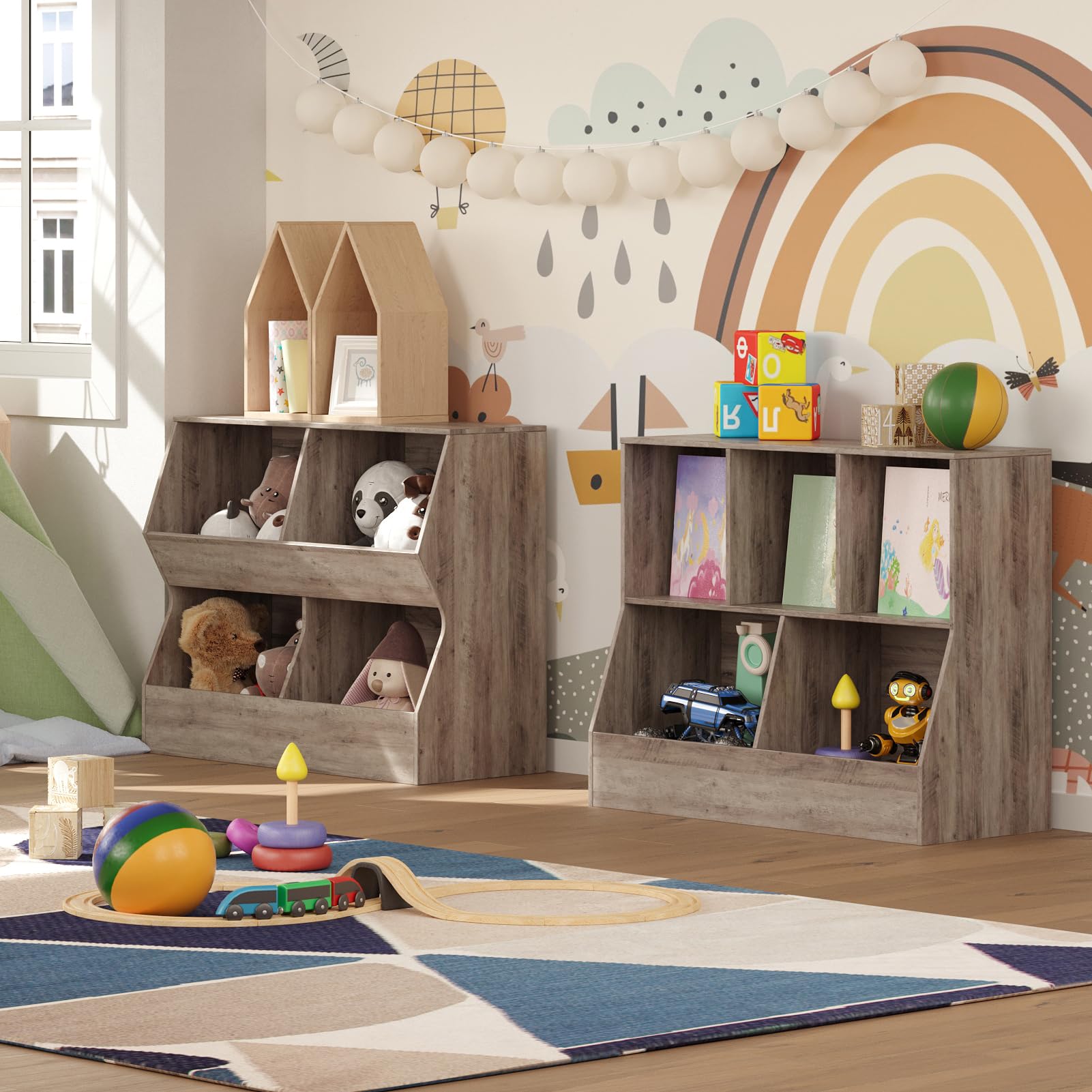 DINZI LVJ Kids Bookshelf & Toy Storage Organizer - 4 Cubby Wooden Toy Cabinet, Greige Children's Bookcase (35.4