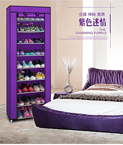 BNSPLY 10-Tier Non-Woven Fabric Shoe Rack with Dustproof Cover - Large Shoe Storage Organizer with 2 Side Pockets for Closet, Bedroom, Garage - Space Saving Shoe Shelf for Sneakers, Boots & Heels (Purple) | Perfect for Home, Dorm & Entryway Organization