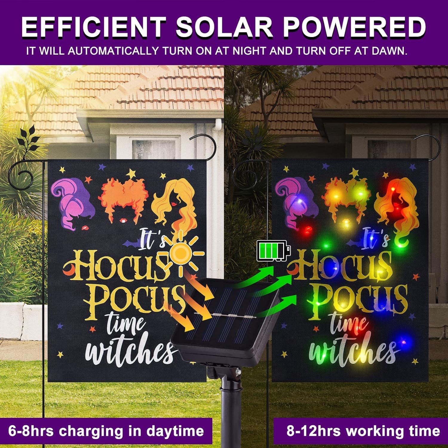FLAGMESAG Solar-Powered Halloween Garden Flag - Hocus Pocus Witches Design for Outdoor Decor (12