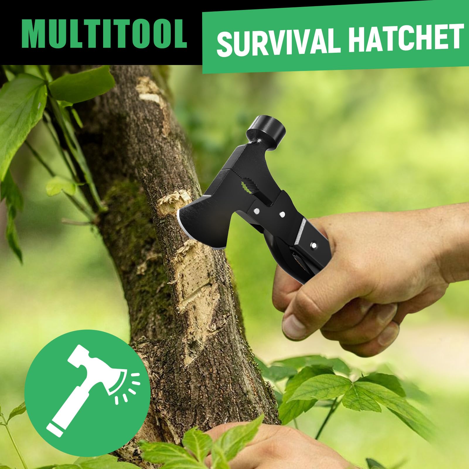 15-in-1 Multitool Axe Hatchet - Perfect Camping & Hiking Essential Tool for Men, Dad, Husband - Durable Black Outdoor Survival Gear - Great Birthday Gift for Him - Ideal for Backpacking, Wood Cutting & Emergency Situations