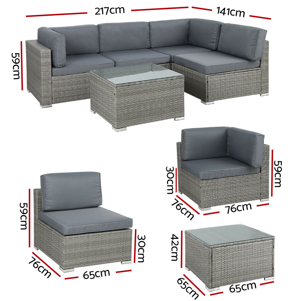 5-Piece Noosa Outdoor Wicker Patio Furniture Set - Grey Rattan Sofa Set for Backyard, Poolside & Garden Relaxation