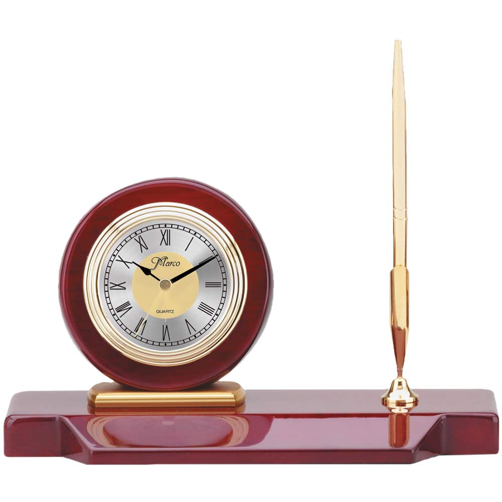 Custom Engraved Rosewood Desk Clock with Metal Pen - Personalized Office Gift for Boss, Coworkers, Awards & Recognition | Elegant Piano Finish for Executive Desks & Corporate Events