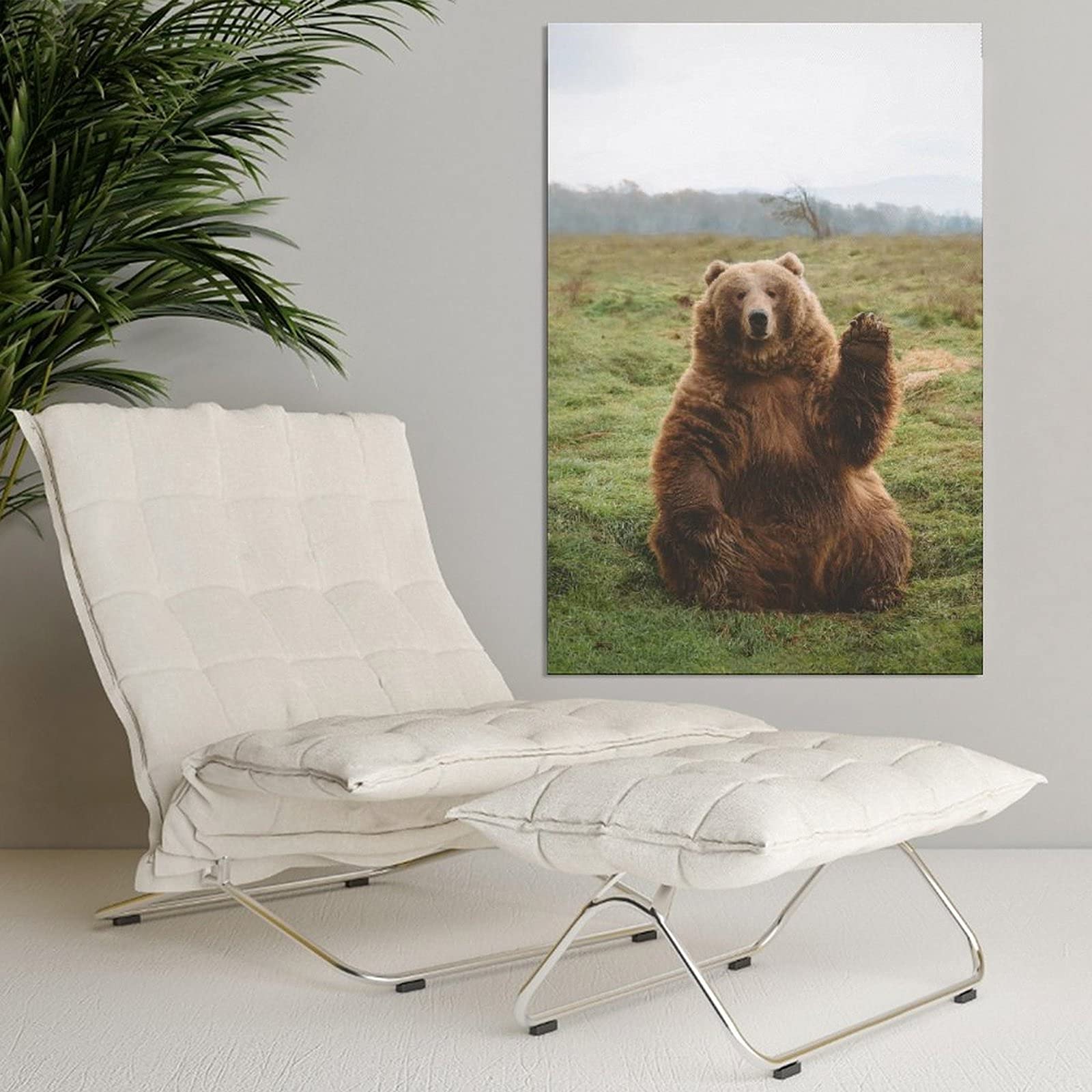 Chubby Naive Grizzly Bear Waving Canvas Wall Art - 24x36 Inch Nature Wildlife Poster for Living Room, Bedroom & Office Decor - Perfect Gift for Animal Lovers & Home Decoration
