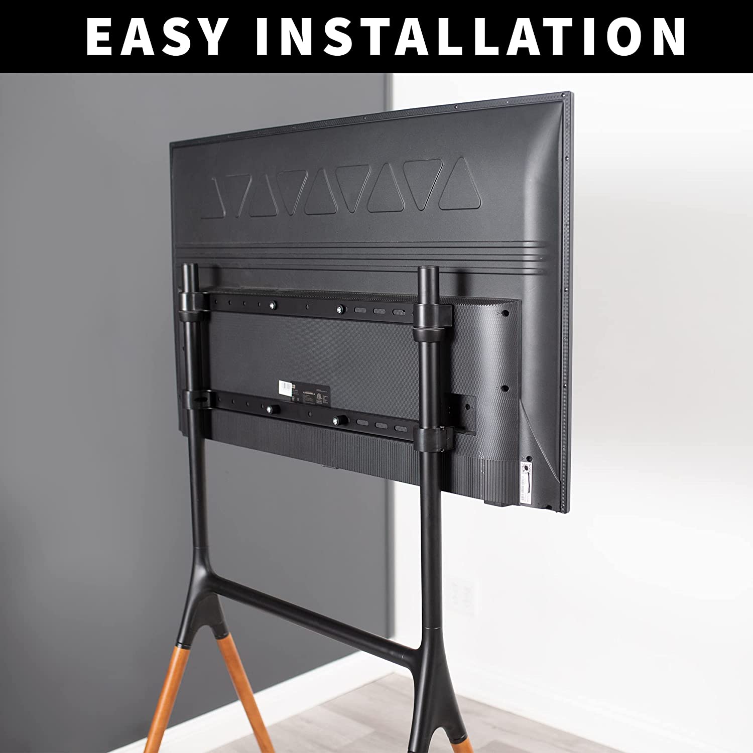 VIVO Adjustable TV Stand Easel for 49-70 Inch LED LCD Screens, 4-Leg Wooden TV Mount Holder up to 88 lbs - Black/Brown (Model STAND TV70A) - Perfect for Living Room, Bedroom, or Studio Display