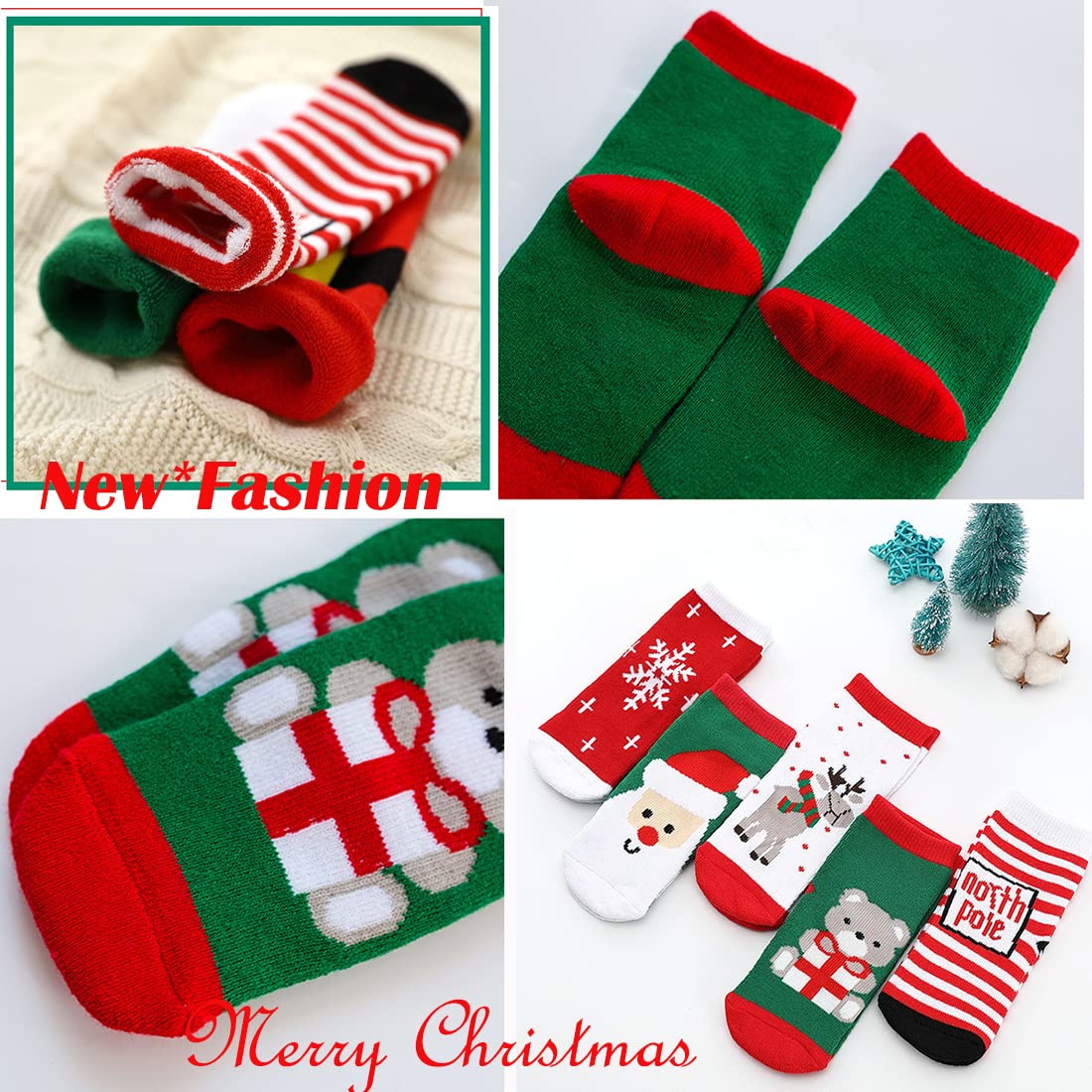 YXBQueen Christmas Socks for Toddler Baby Girls & Boys - 6 Pairs Cozy Holiday Crew Socks, Funny Xmas Winter Warm Thermal Socks for Kids - Perfect for Holiday Parties, Family Gatherings & Winter Outfits