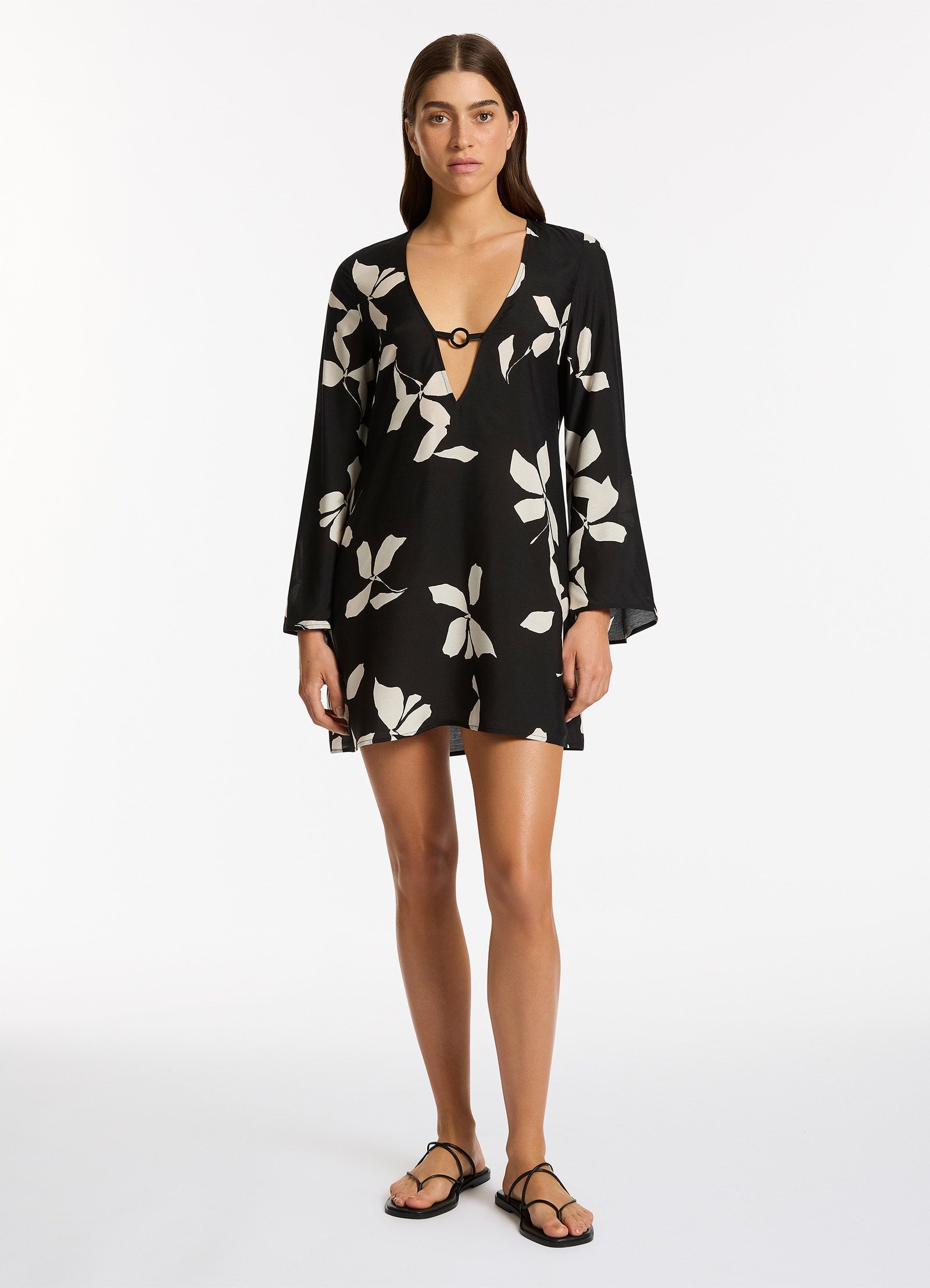 Elora Bloom Mini Kaftan Dress - Flowy Boho Beach Cover Up, Lightweight Black Summer Tunic for Women - Perfect for Vacations, Pool Parties & Resort Wear