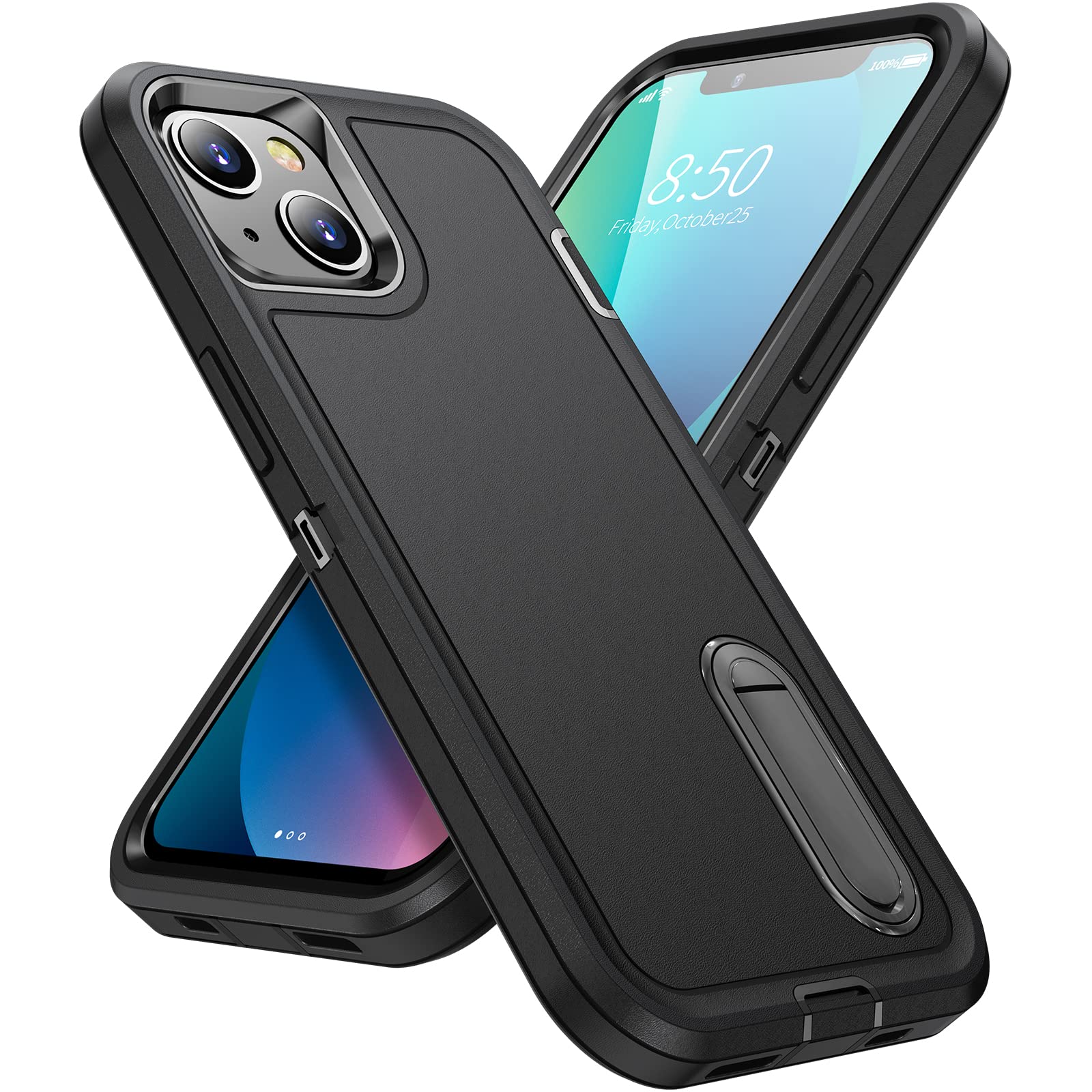 AFARER iPhone 13 Case with Kickstand - Military Grade Shockproof & 3-Layer Heavy Duty Drop Protection | Dustproof Phone Cover for iPhone 13 (Black) - Perfect for Outdoor Adventures, Work & Travel
