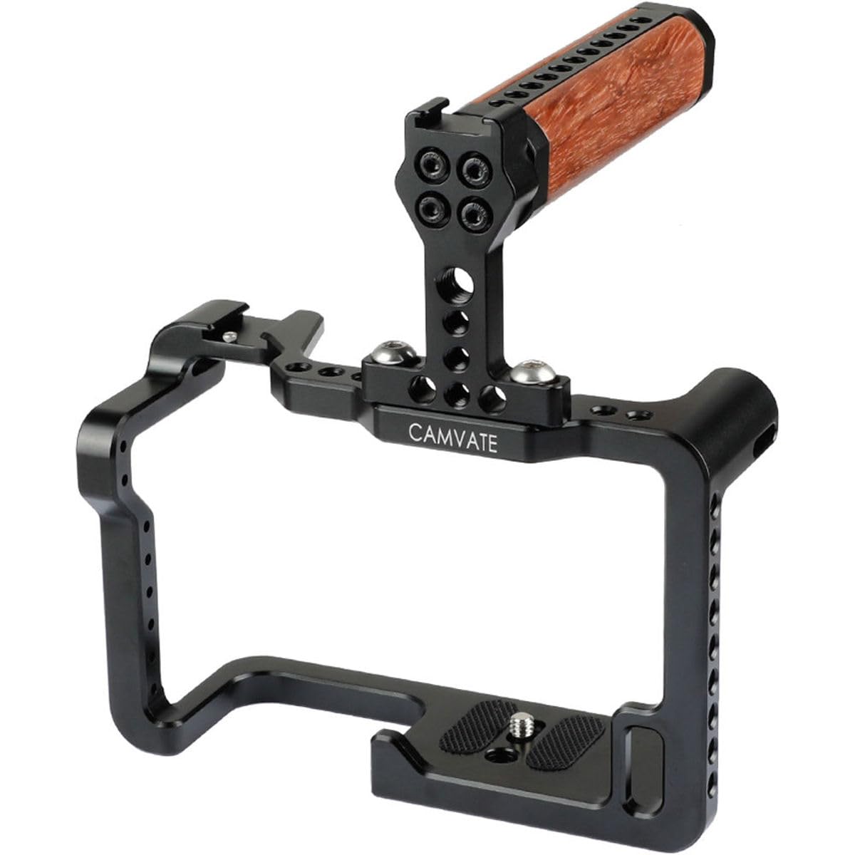 CAMVATE Camera Cage with Wooden Top Handle & Dual Shoe Mounts for Panasonic Lumix GH5 - Perfect for Vlogging, Film Making & Professional Photography