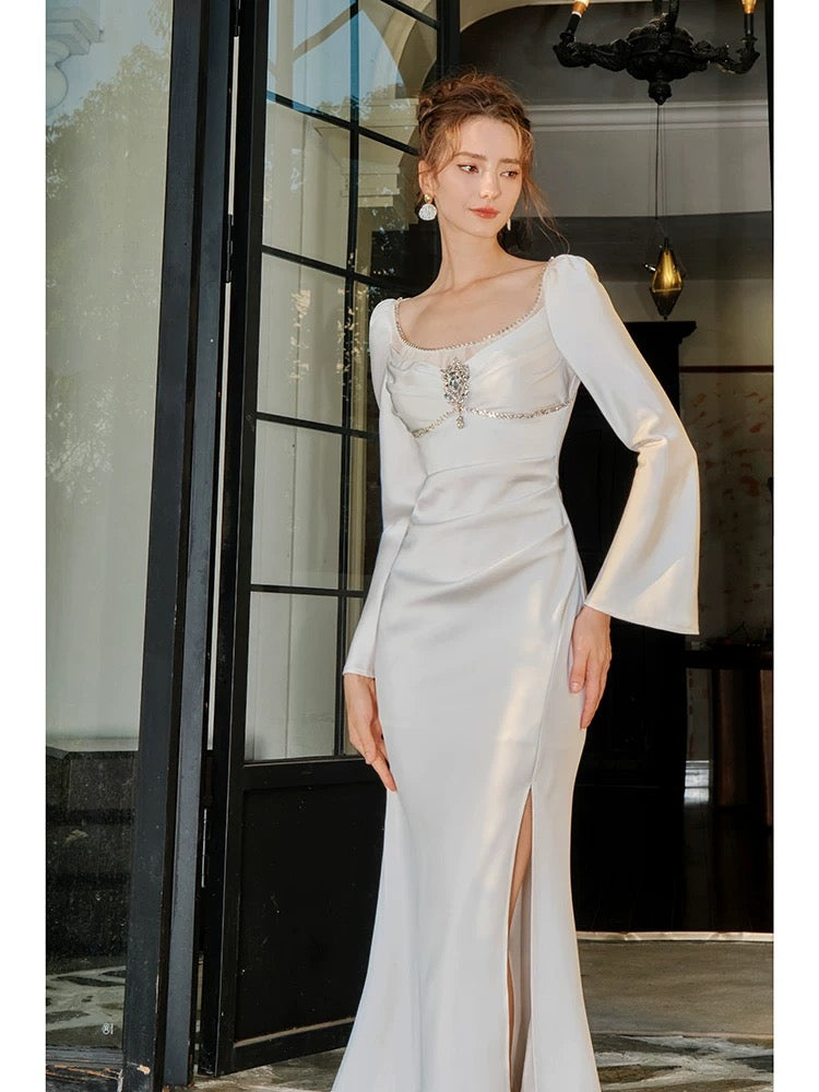 Elegant Mermaid Satin Formal Evening Gown with Long Sleeves - Perfect for Prom, Wedding Guest & Black Tie Events | Style J6536