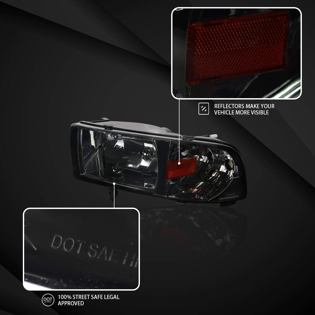 AUTOZENSATION Smoke Lens Headlights Pair Compatible with 1994-2001 Dodge Ram 1500 & 1994-2002 Dodge Ram 2500/3500 - Left & Right Headlamp Replacement for Improved Night Driving Visibility