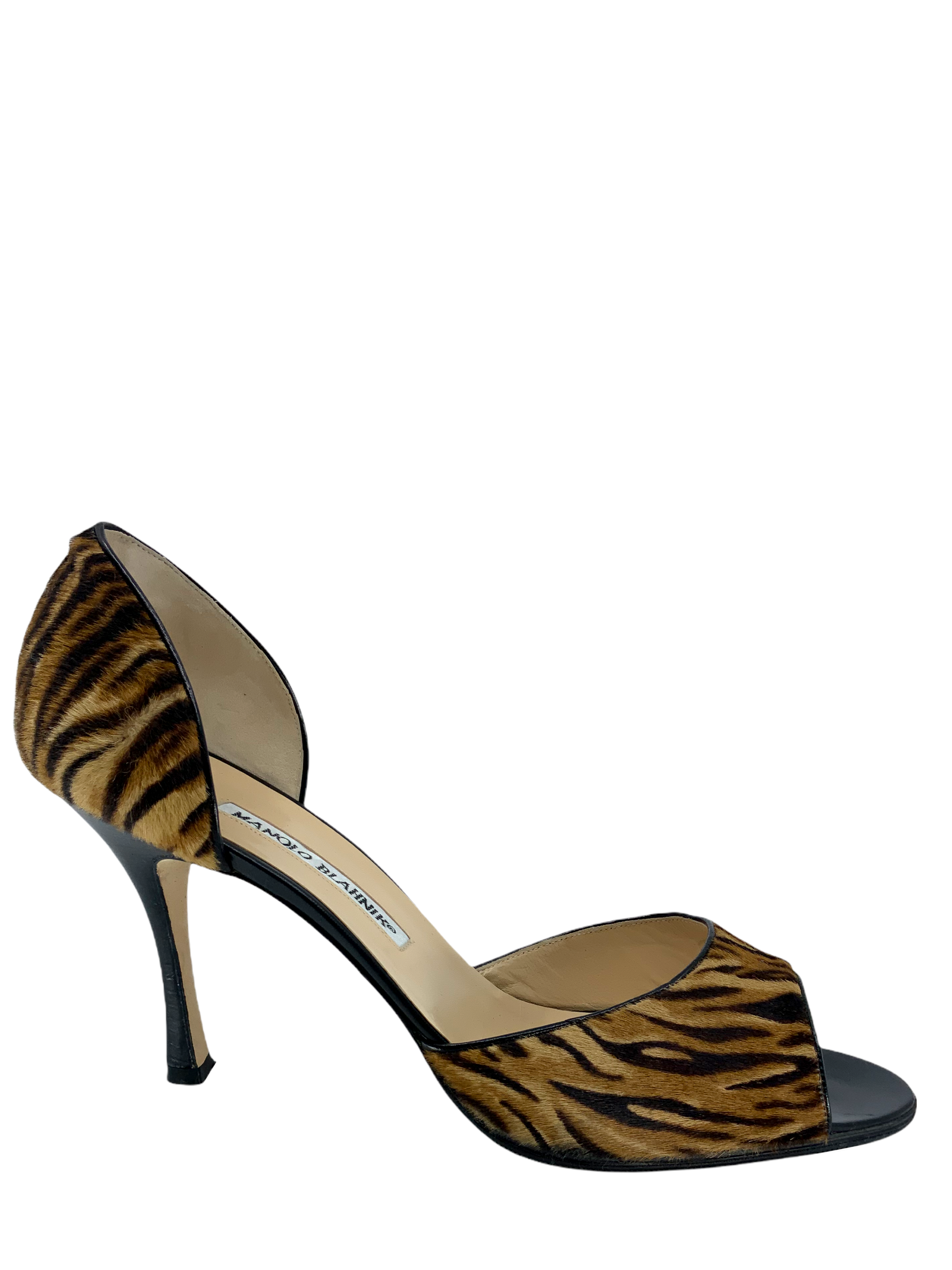 Manolo Blahnik Animal Print Pony Hair D'Orsay Pump Women's Size 10.5 - Elegant Heels for Evening Parties & Special Occasions