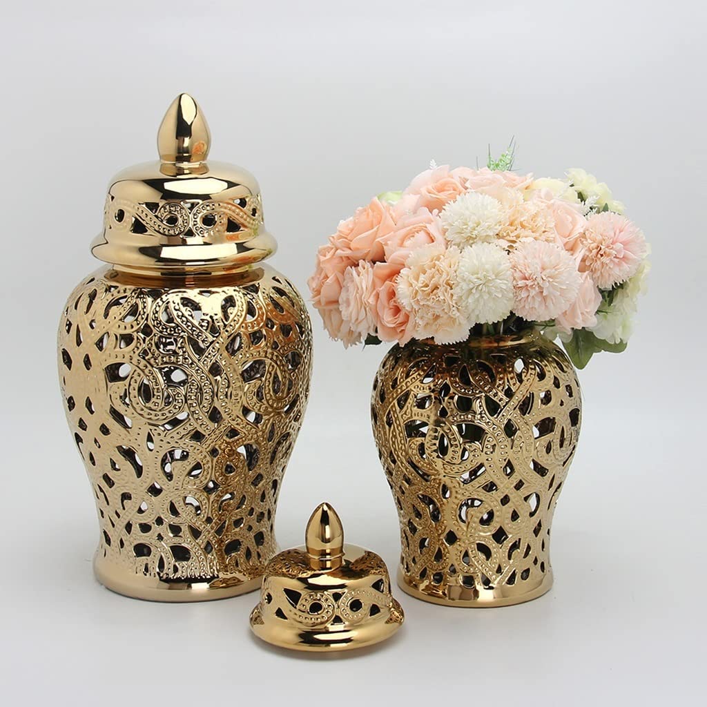 **ARLINE Decorative Ceramic Ginger Jar with Lid - Handcrafted Gold Lattice Vase for Home Decor, Wedding Gift, or Feng Shui Temple Display (Large Size, Elegant Home Accent)**