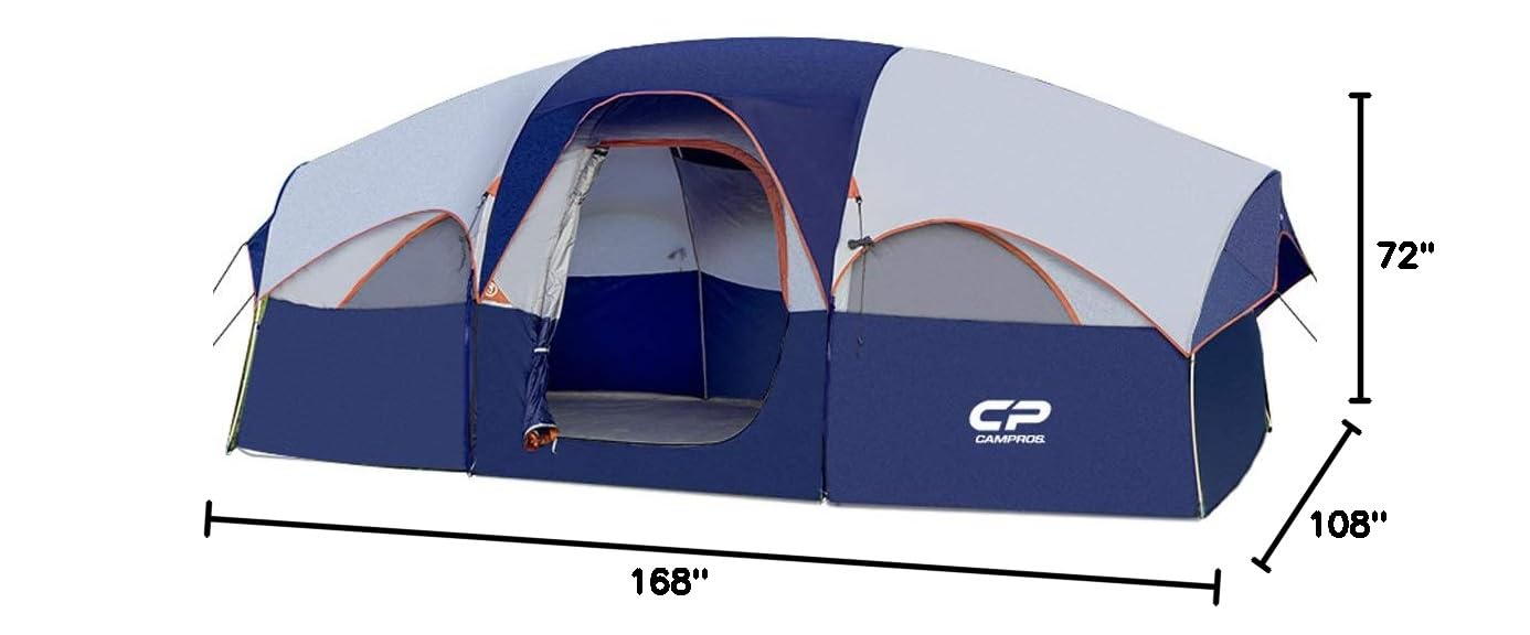 CAMPROS CP 8-Person Camping Tent - Waterproof & Windproof Family Tent with 5 Mesh Windows, Double Layer Design & Room Divider - Lightweight Portable Outdoor Tent with Carry Bag for Camping, Hiking, Backpacking & Family Adventures