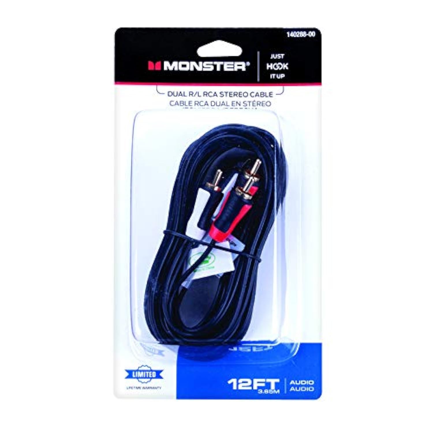 Monster Jhiu 12-Foot Dual RCA Audio Cable - Black (Mfr Part No. 140288-00) - Perfect for Home Theater, Car Audio & Hi-Fi Systems
