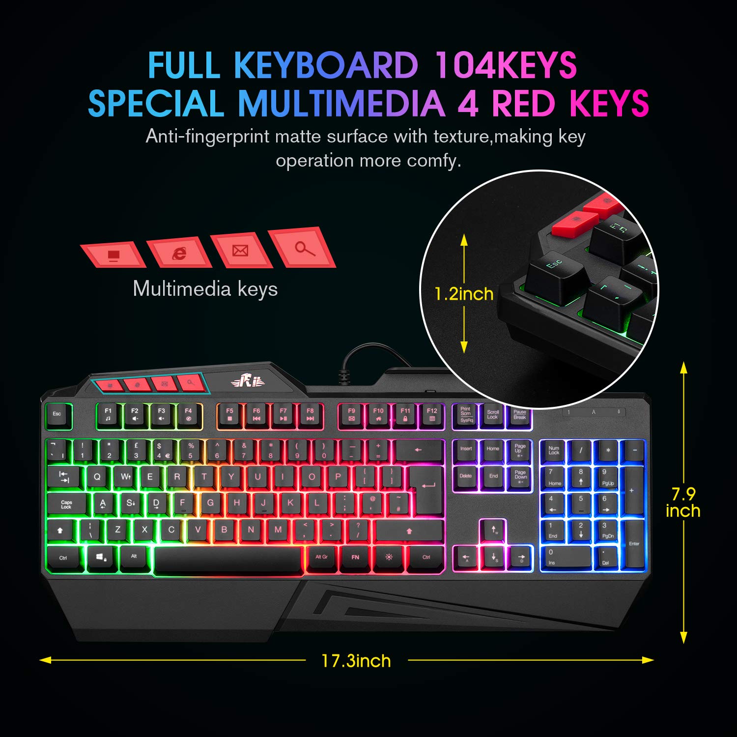 Rii RK202 Gaming Keyboard - Rainbow Backlit, Spill-Resistant for PC, Laptop, Xbox, PS4/5 - Perfect for Gaming & Office Use