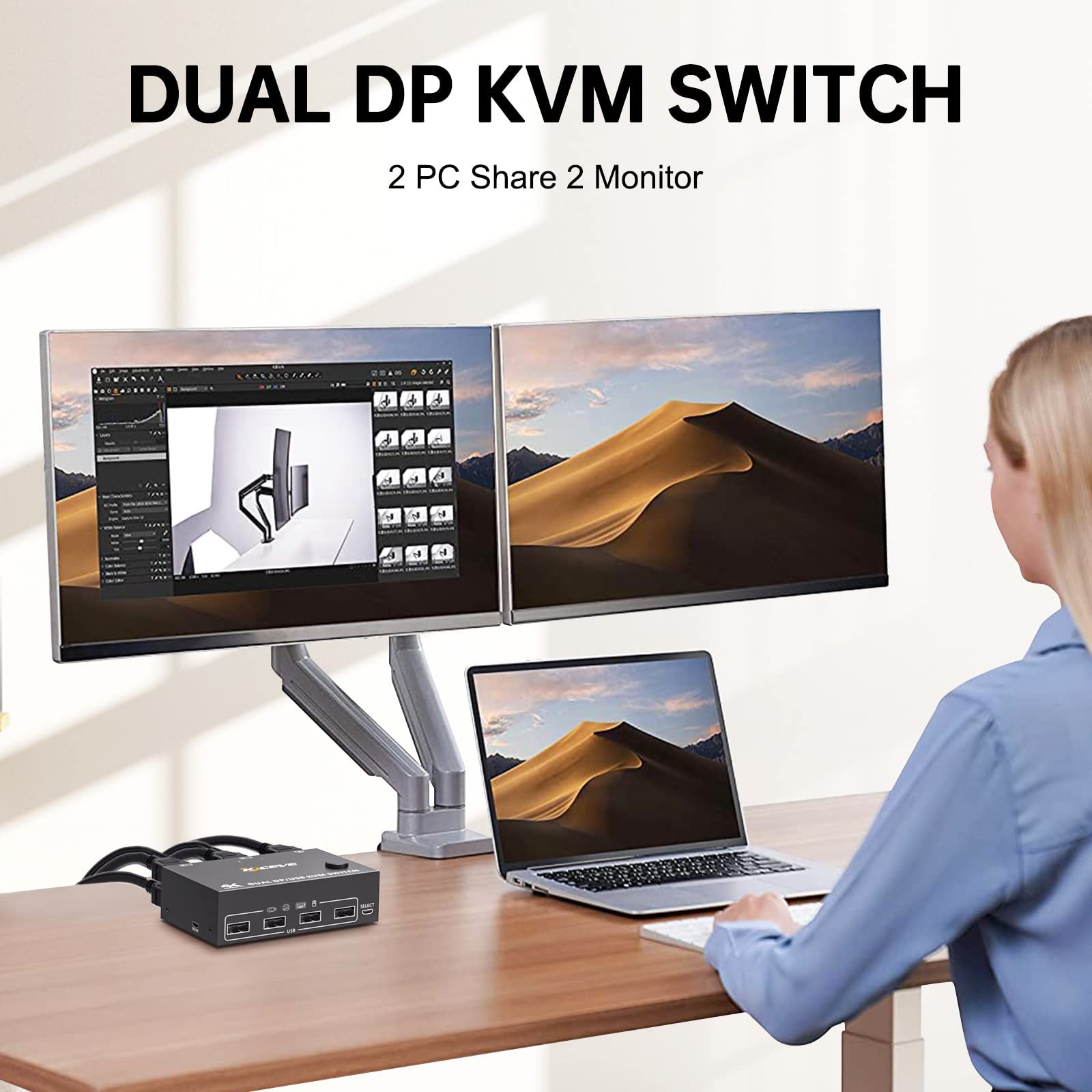 YOUTINGHDAV DP KVM Switch Dual Monitor 4K@144Hz, 2-Port DisplayPort 1.4 for 2 Computers - Share Keyboard, Mouse & Printer with DP/USB Cables - Perfect for Gaming, Office & Multi-Tasking Workstations
