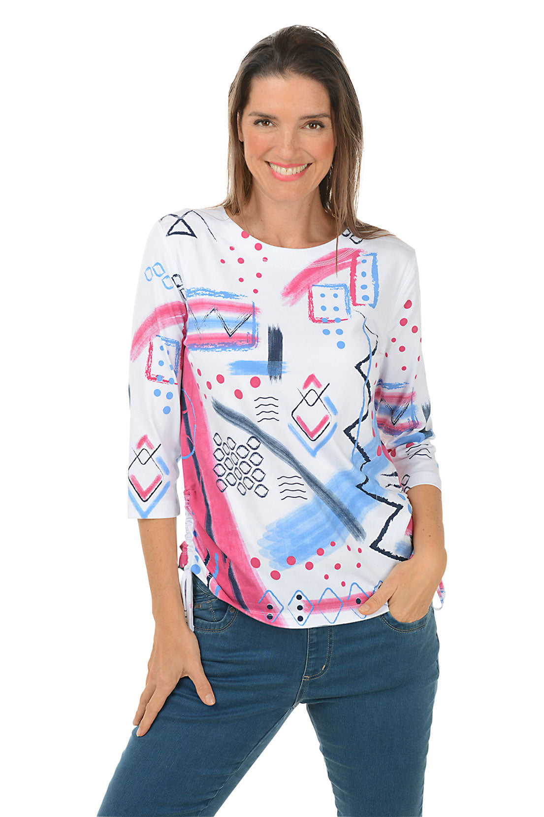 Trendy Pink Abstract Diamond Print Side Shirred Blouse - Perfect for Casual Outings, Date Nights & Summer Fashion