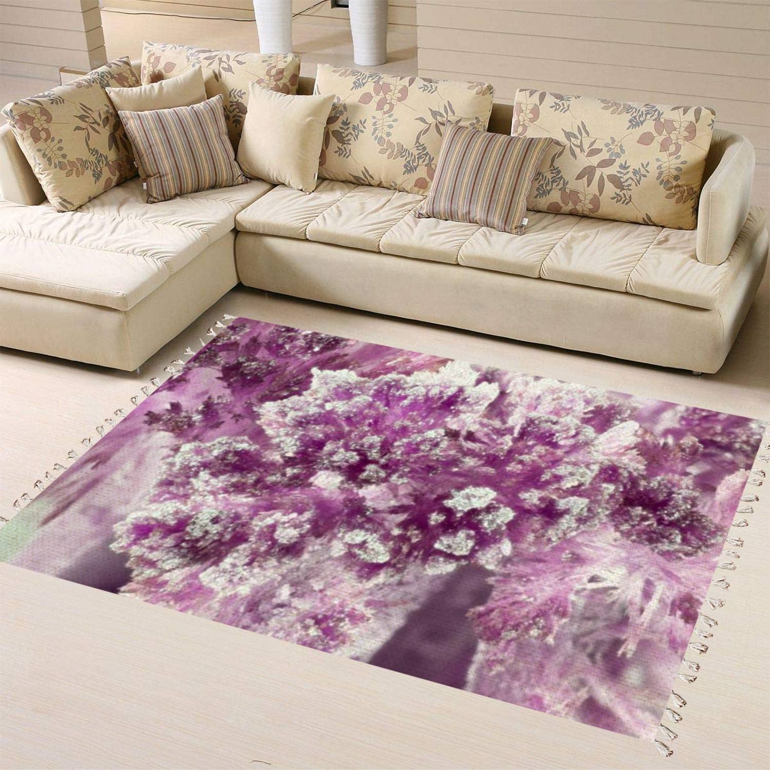Boho Violet Crystal Area Rug - Linen Carpet for Patio, Hallway Runner, Living Room & Bedroom - Minimalist Home Decor with Geometric Patterns - Perfect for Bohemian, Scandinavian & Modern Interior Design Styles