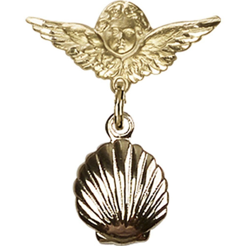 Gold Filled Baby Badge with Shell Charm & Angel Wings Pin - 7/8