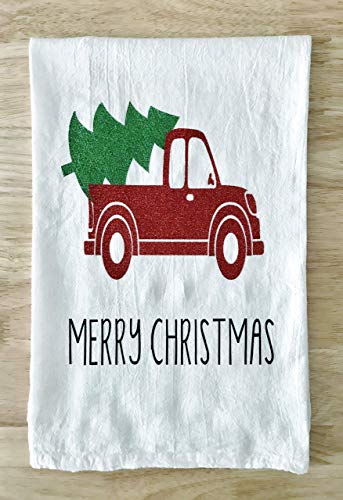 Red Christmas Tree Truck Kitchen Tea Towel - Rustic Holiday Dish Towels for Decor, Hostess Gifts & Party Favors | Perfect for Farmhouse Kitchens, Holiday Entertaining & Christmas Gift Giving