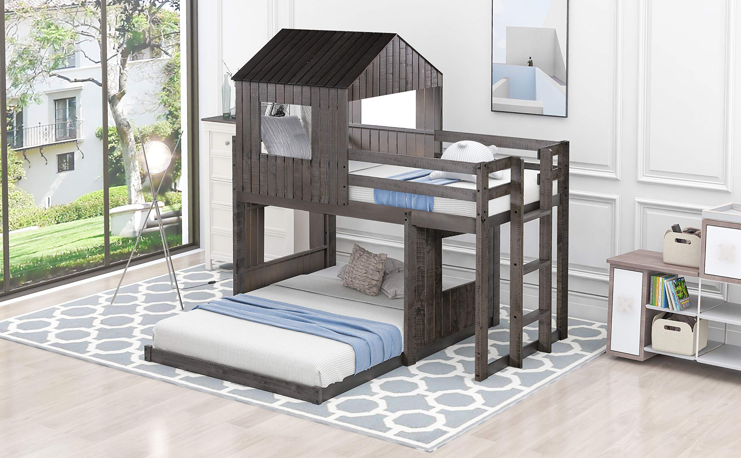 Kids Twin Over Full Bunk Bed with Playhouse - Solid Wood Loft Bed with Roof, Window & Safety Guardrail - No Box Spring Needed (Antique Gray) | Perfect for Small Bedrooms, Shared Kids Rooms & Play Areas