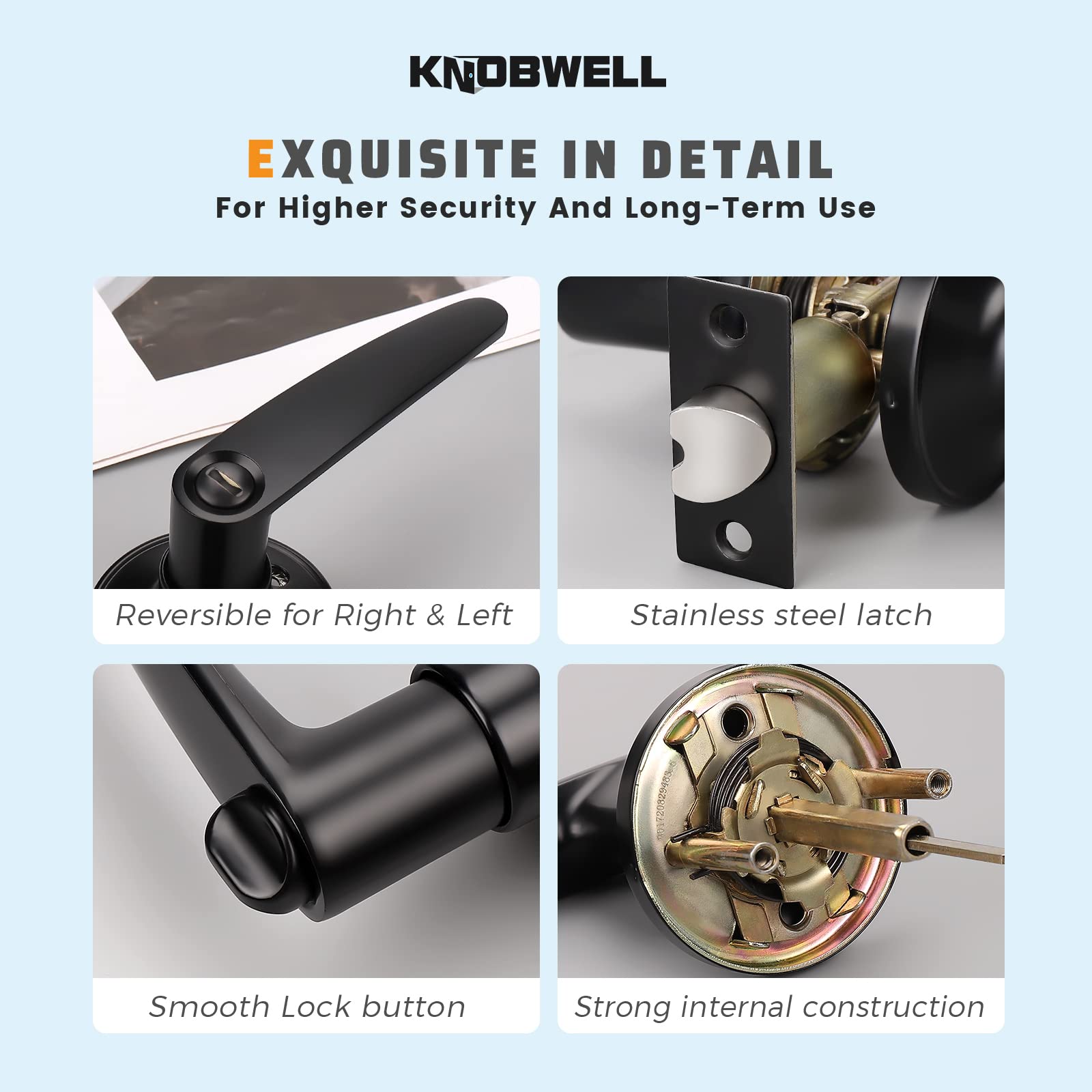 KNOBWELL 5-Pack Black Door Lever with Lock - Reversible for Home Privacy & Security