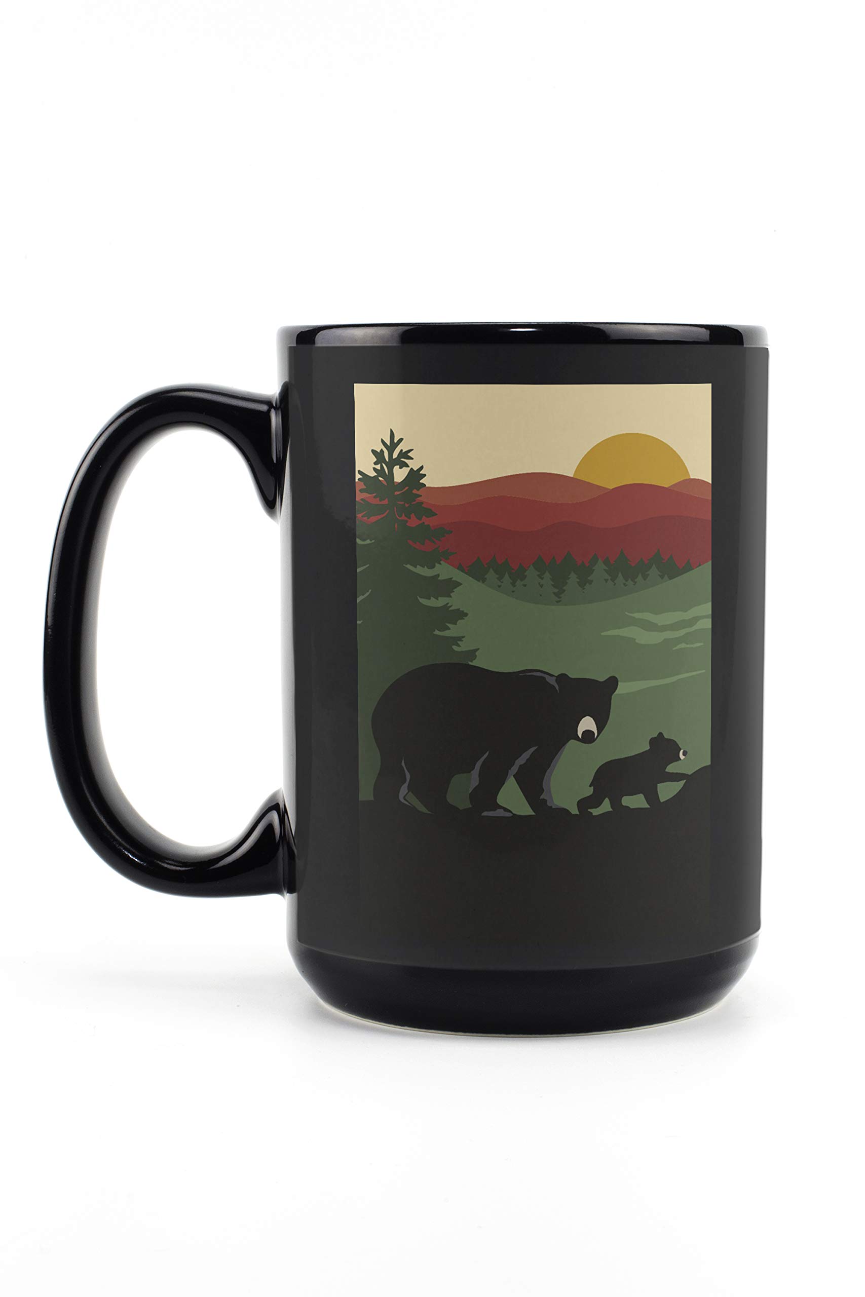 Lantern Press Bear and Cub Fall Colors 15oz Black Ceramic Coffee Mug - Microwave & Dishwasher Safe - Perfect for Autumn Mornings, Cozy Home Decor, and Gift Giving