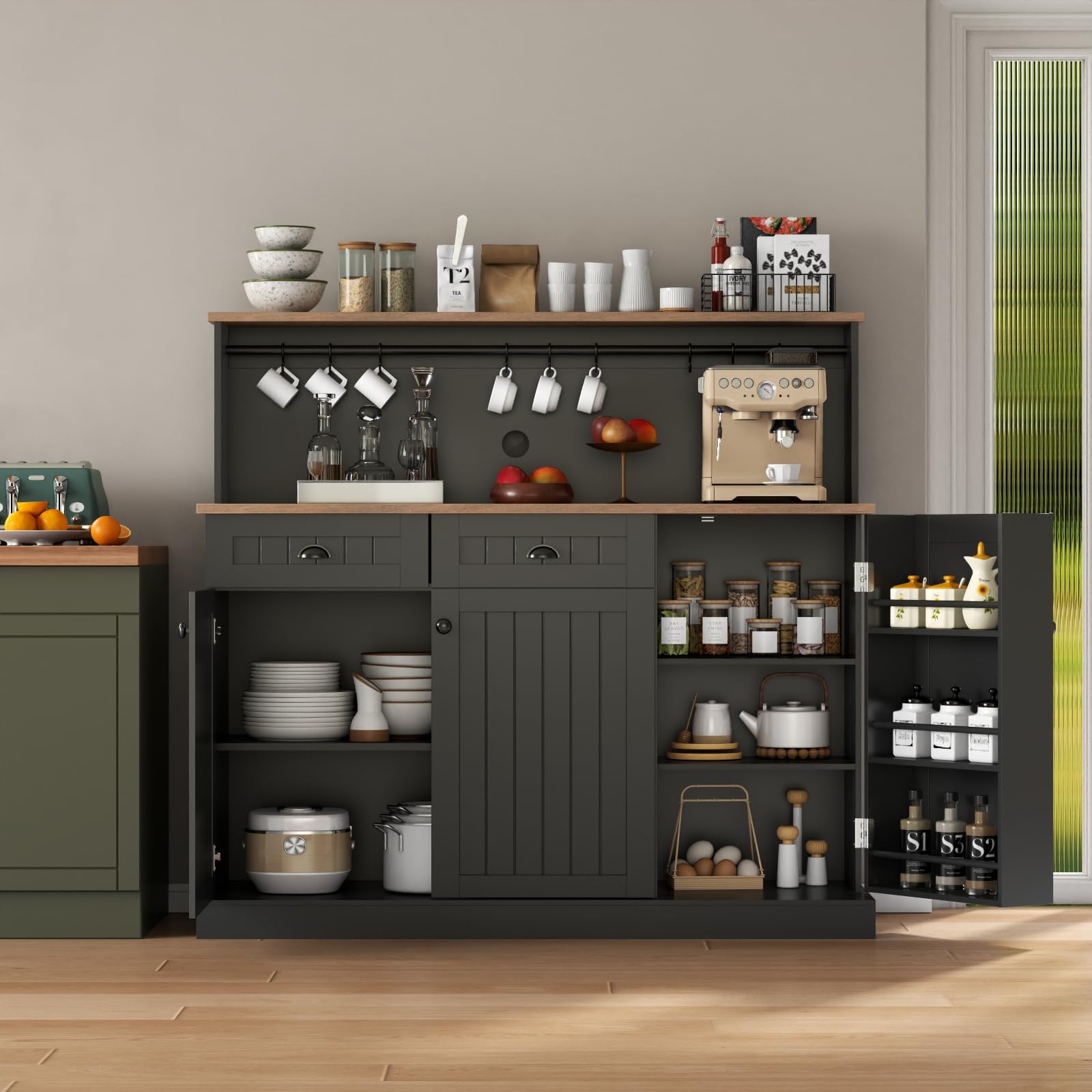 Farmhouse Sideboard Buffet Cabinet with 2 Drawers & 3 Doors - Adjustable Shelves Kitchen Pantry, Coffee Bar Cupboard for Dining Room & Living Room Storage - Perfect for Entertaining & Home Organization (Black)