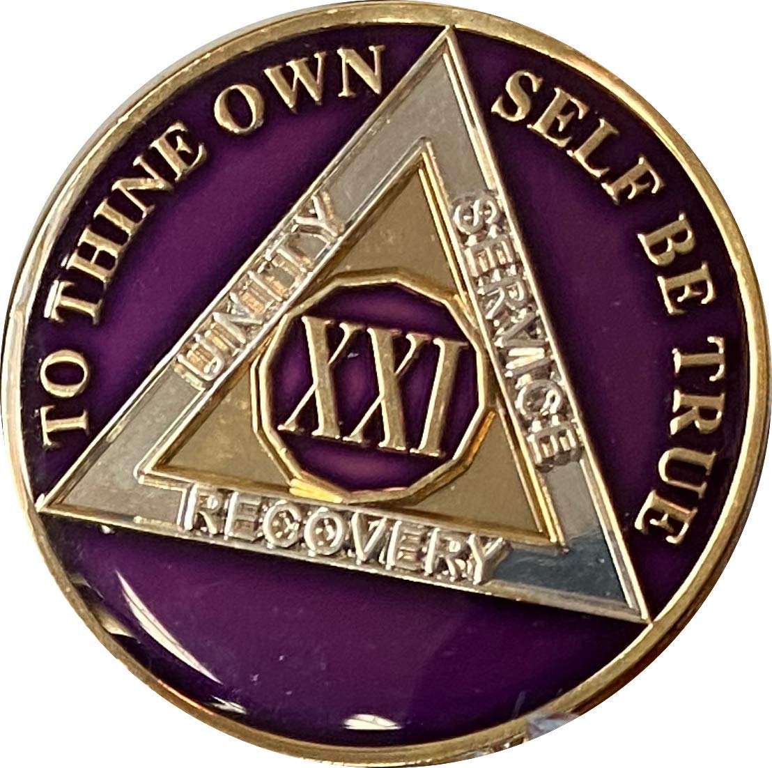 21 Year AA Medallion - Metallic Purple Tri-Plate Sobriety Chip XXI - Perfect for Recovery Milestones & Anniversary Gifts