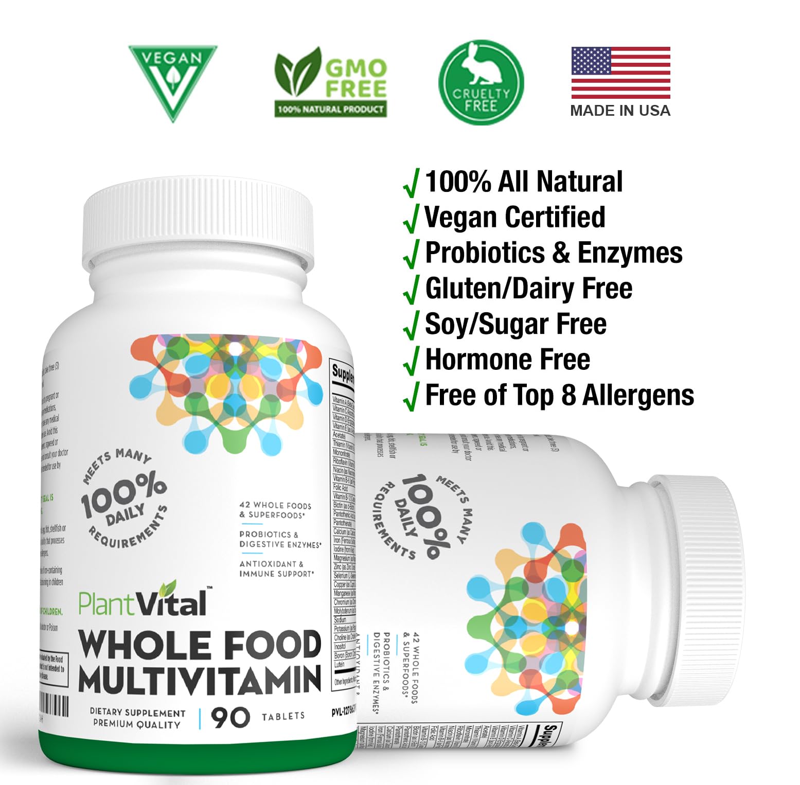 Plantvital Whole Food Multivitamin - 42 Superfoods with Raw Vegetables & Fruits, Earth Energy Supplement - 90 Tablets for Daily Nutrition & Immune Support