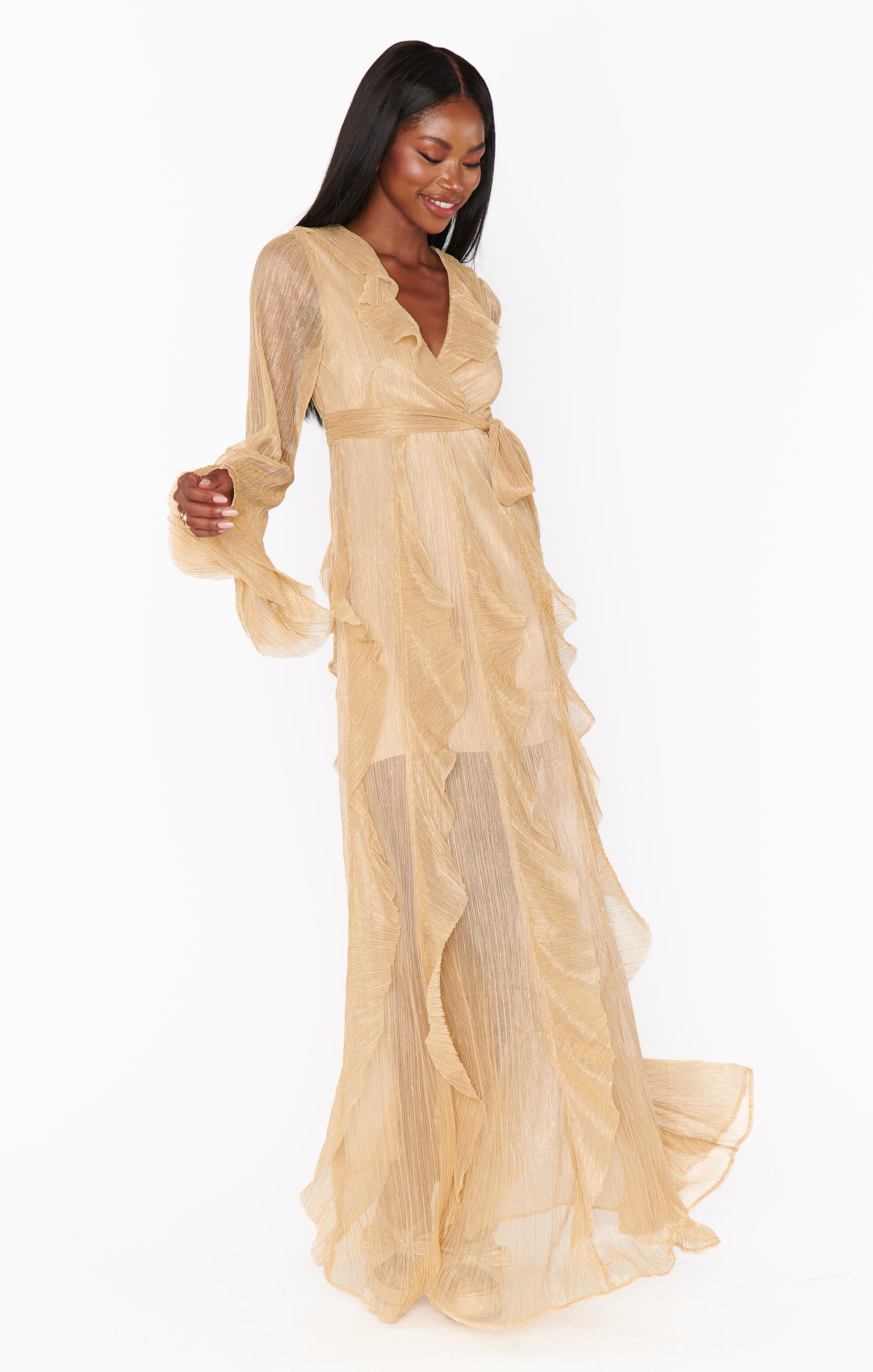 Jenny Ruffle Maxi Dress in Gold Glimmer - Elegant Flowy Long Dress for Women, Perfect for Weddings, Parties & Special Occasions