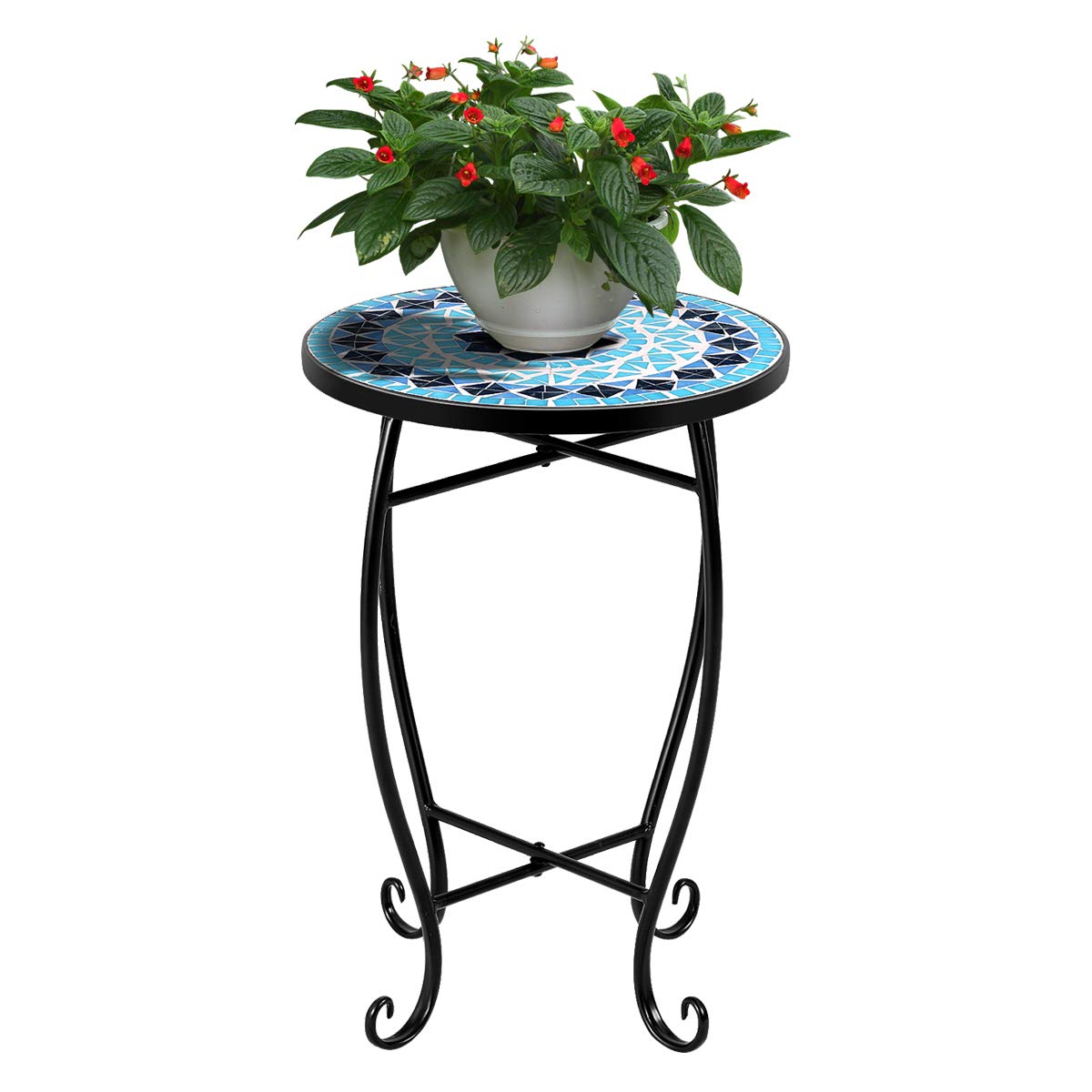 RELAX4LIFE 14 Inch Round Mosaic Side Table with Tempered Glass Top & Sturdy Steel Frame - Outdoor End Table for Patio, Lawn, Garden, Balcony & Home Decor (Blue) | Perfect for Poolside Lounging, BBQ Parties & Small Space Living