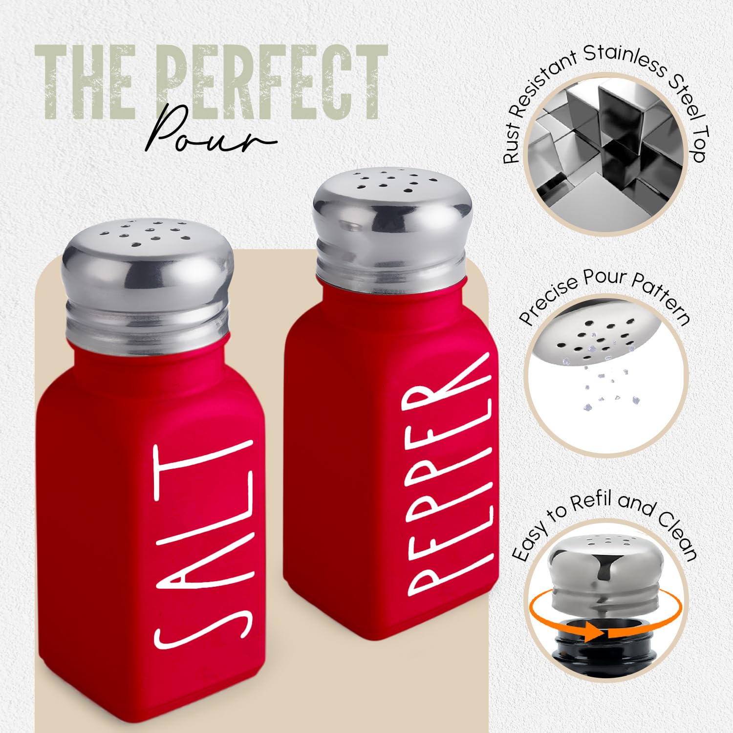 Brighter Barns Red Salt and Pepper Shakers Set - Farmhouse Style Glass Shakers with Stainless Steel Lids - Perfect for Kitchen, Dining Table & Gift Giving