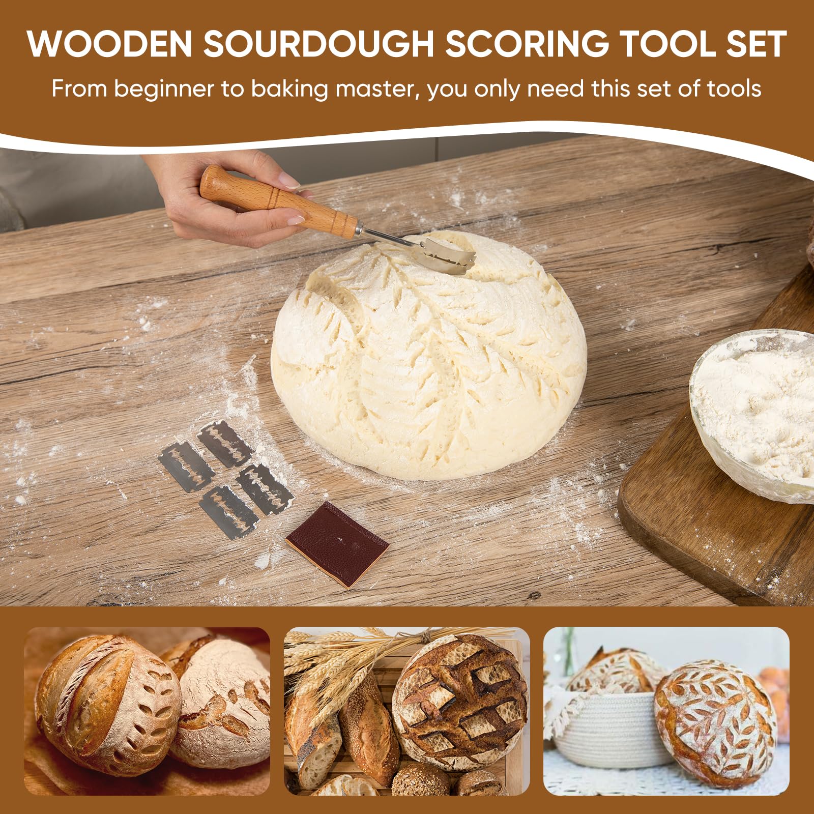 Silicone Banneton Proofing Basket Set - 9'' Dough Rising Bowl with 5-Piece Sourdough Scoring Tools Kit for Artisan Bread Baking | Perfect for Sourdough, Banneton, Danish Dough & Lame Bread | Home Bakery Essentials (Beige)